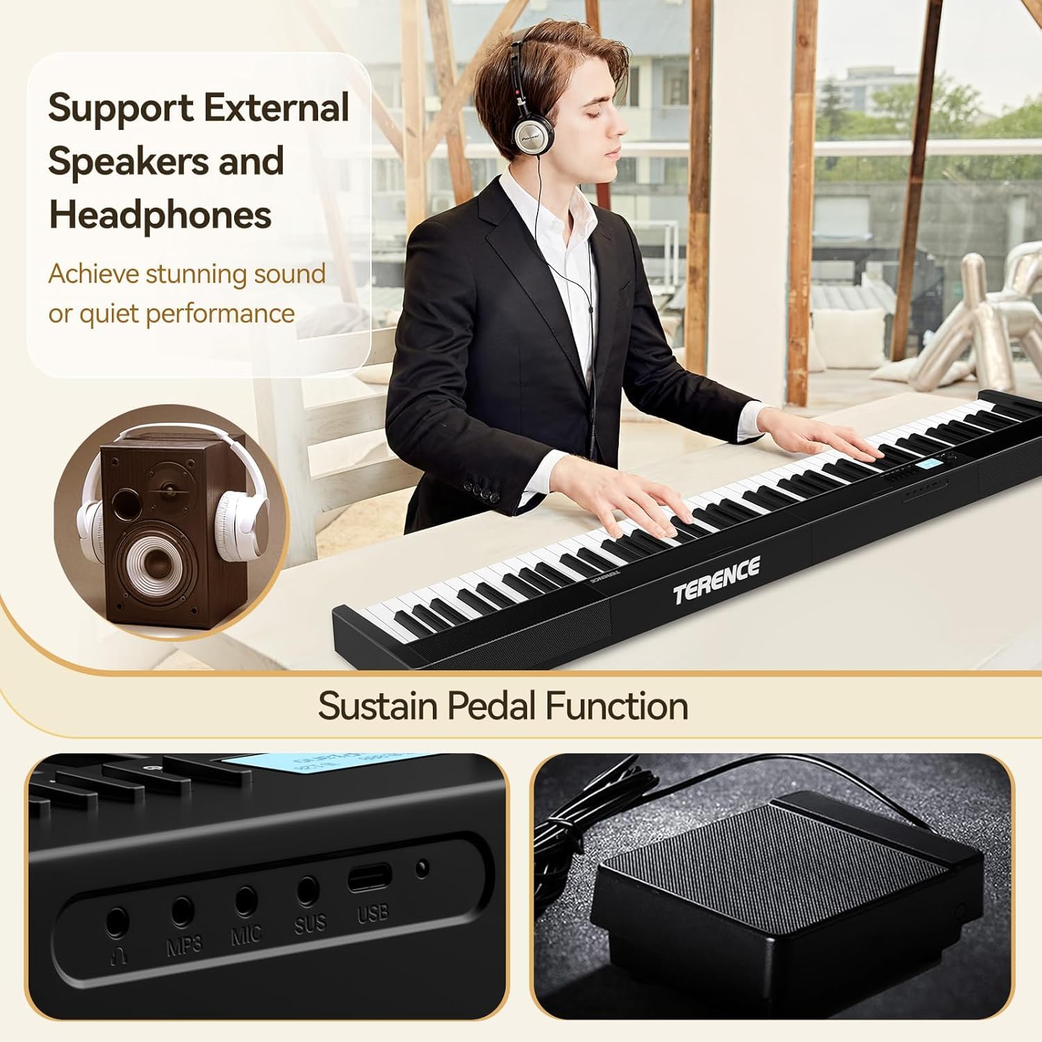 TERENCE Pieghevole Pianoforte Digitale 88 Tasti semi-pesati con batteria da 1800 mAh Altoparlanti 2x5W Bluetooth interfaccia MIDI supporto per spartiti Borsa adesiva Cavo audio con Pedale di sostegno