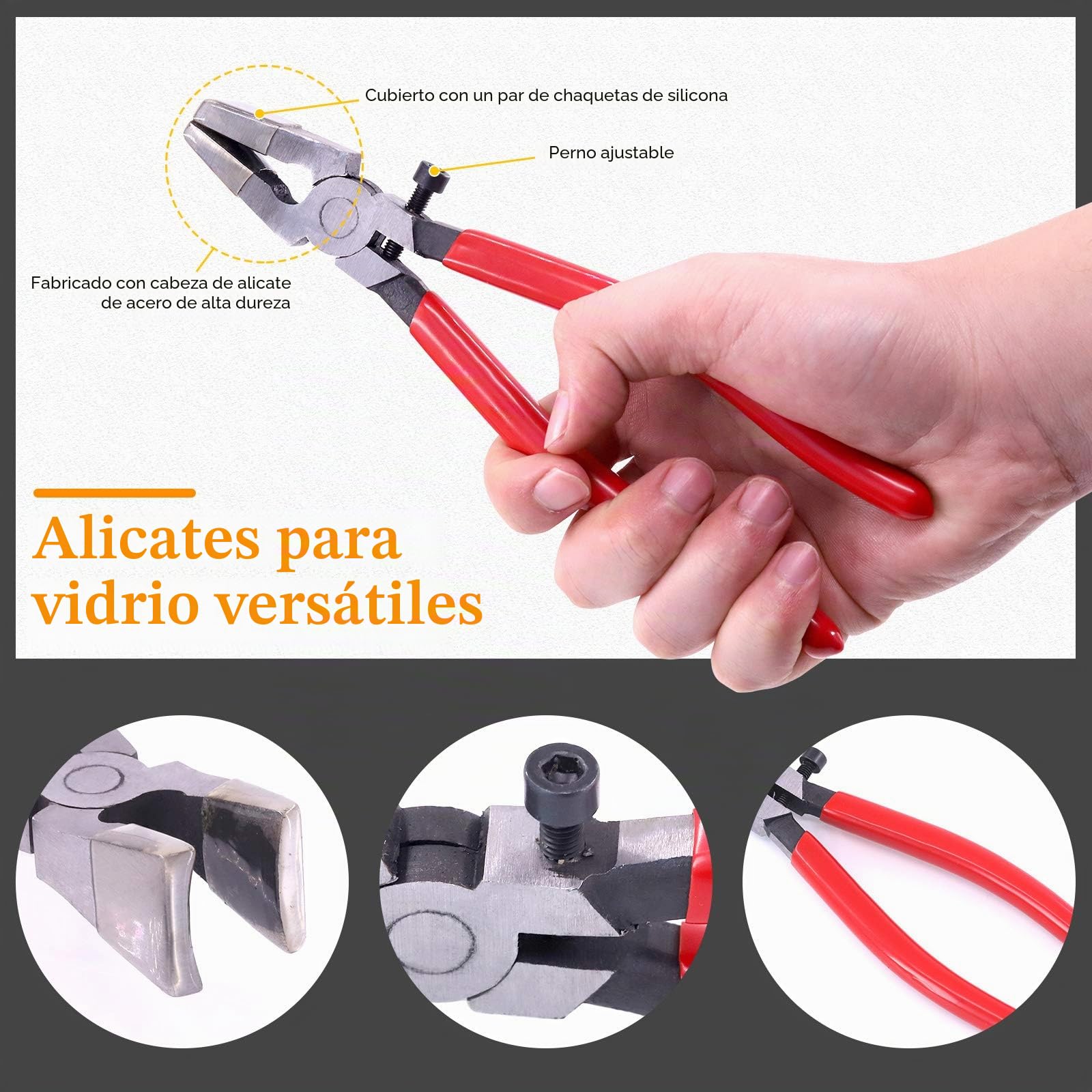 Juego de 3 alicates de corte de cristal de alta calidad y cortador de clase, herramienta de corte de vidrio resistente con punta de goma, funciona ideal para vidrieras, fusión, rotura