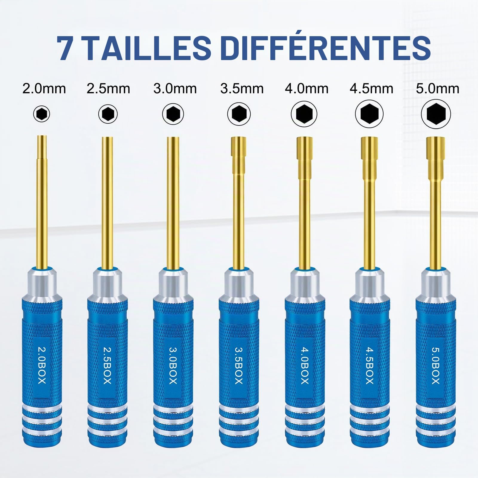 Lot de 7 tournevis hexagonaux 2,0 mm 2,5 mm 3,0 mm 3,5 mm 4,0 mm 4,5 mm 5,0 mm kit d'outils de tournevis pour fixation roue Axial SCX24 pour modèles radiocommandés voitures bateaux hélicoptères bleu