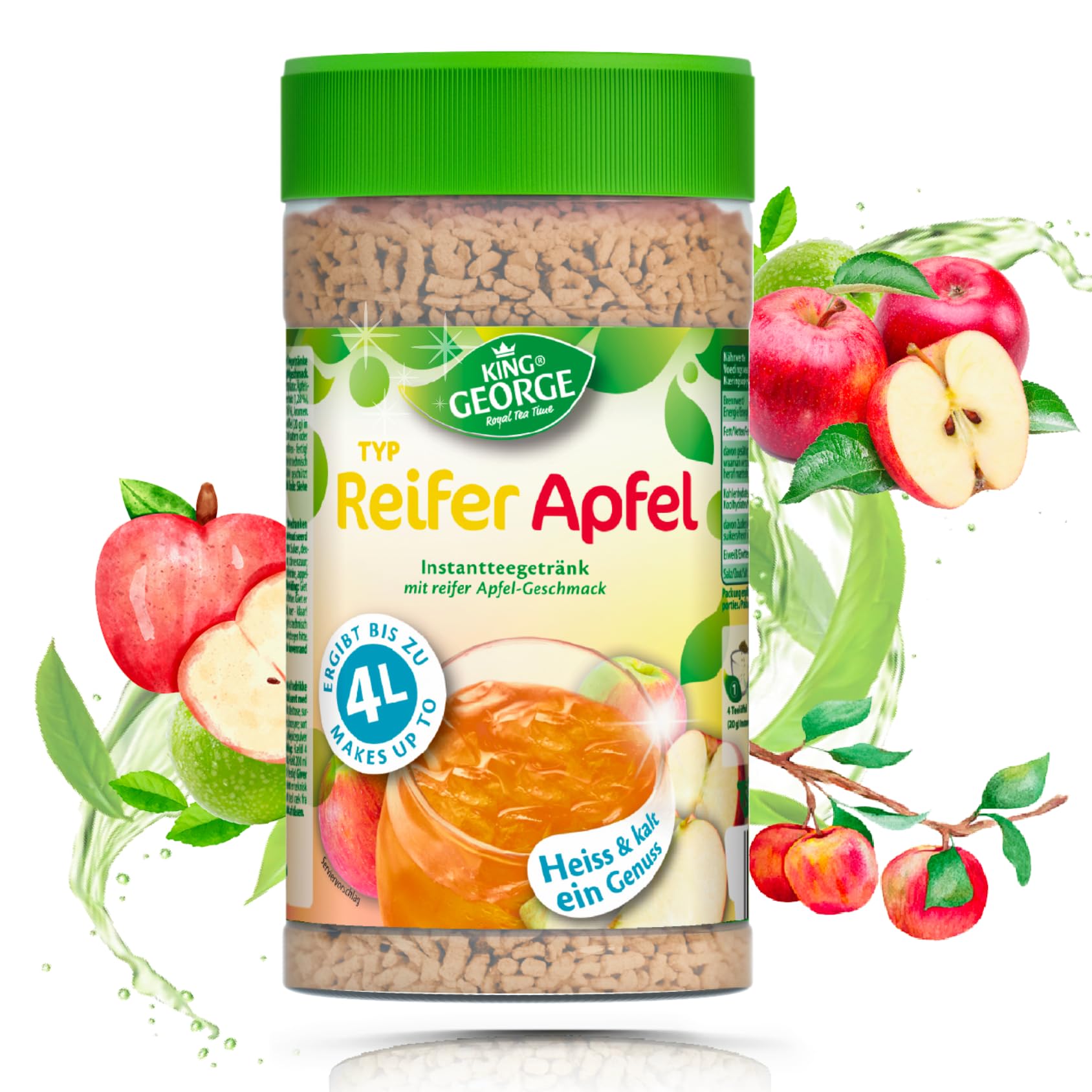 KING GEORGE Bebida instantánea de té de manzana madura, 12 x 400 g, bebida instantánea con sabor a manzana, caliente y fría, un placer, paquete de almacenamiento de té de migas, bebida para verano