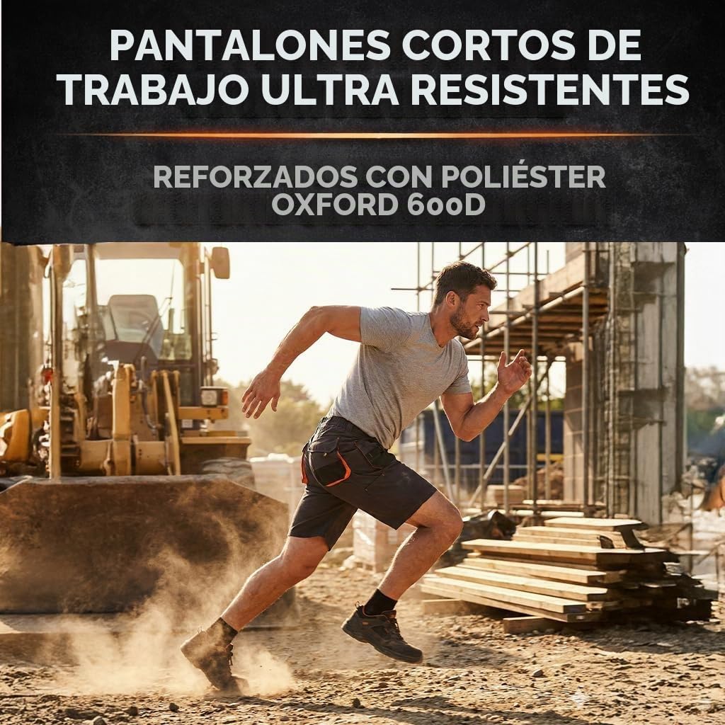 BWOLF Atlas – Pantalones Cortos de Trabajo para Hombre con Bolsillos Múltiples | Tejido Reforzado 600D | Gris/Naranja
