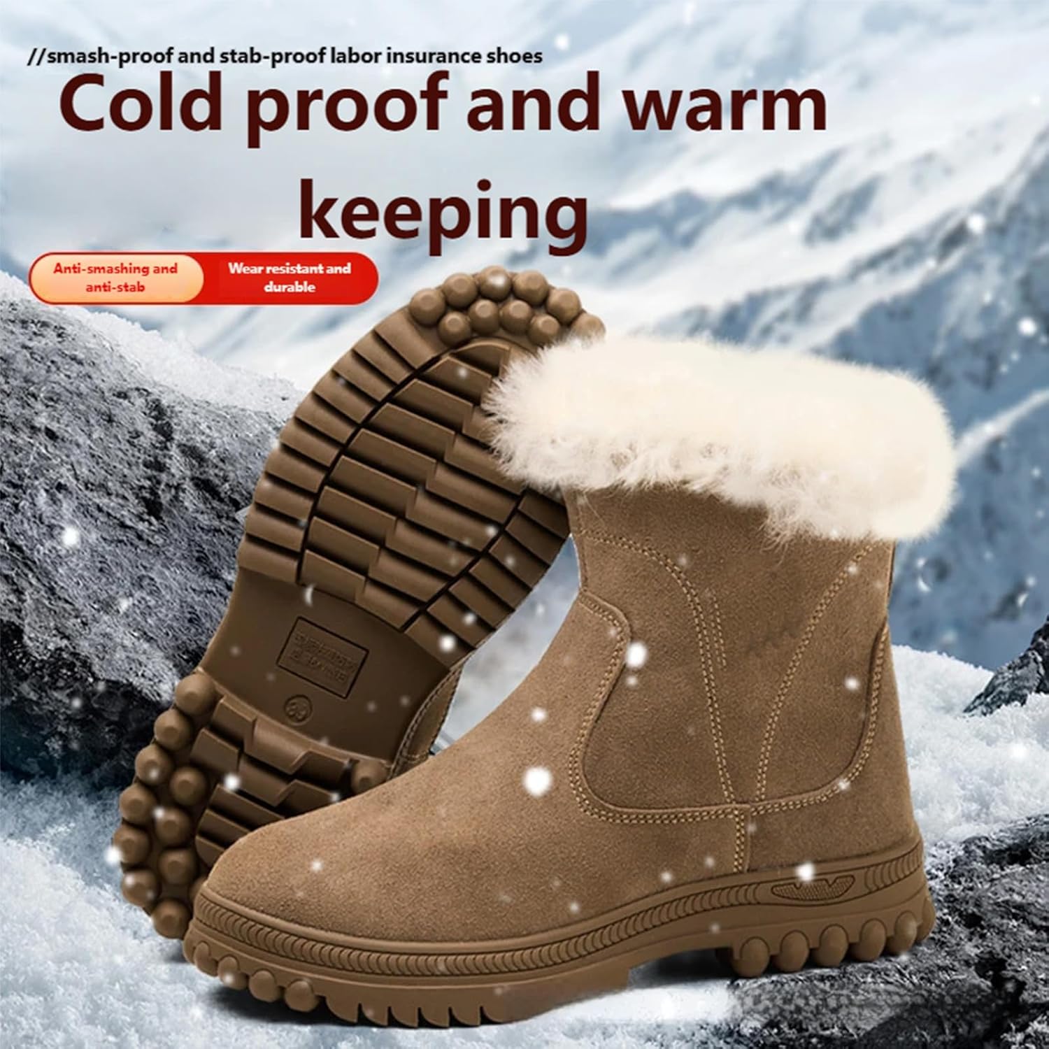 Steel Toe Shoes Winter Boots for Women Faux Fur Mid Calf Winter Snow Boots, Heat-Resistant Slip-Resistant Steel Toe Work - Image 3