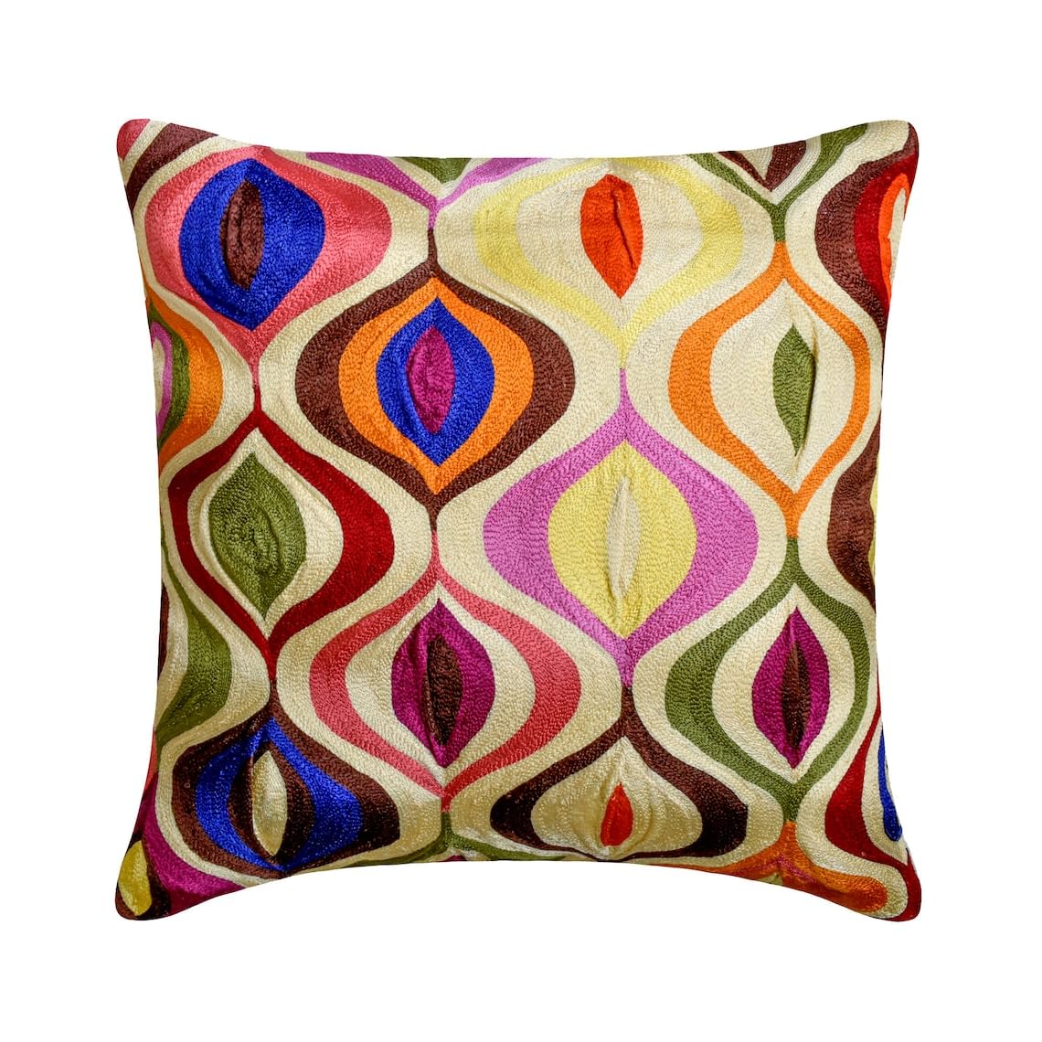 The HomeCentric Ivory Euro Cushion Covers, Pack of 2, 65x65 cm (26"x26") Euro Shams, Multi Colored Embroidery Art Deco Euro Shams, Square Silk Euro Cushion Shams, Geometric Art Deco - Multi Galore
