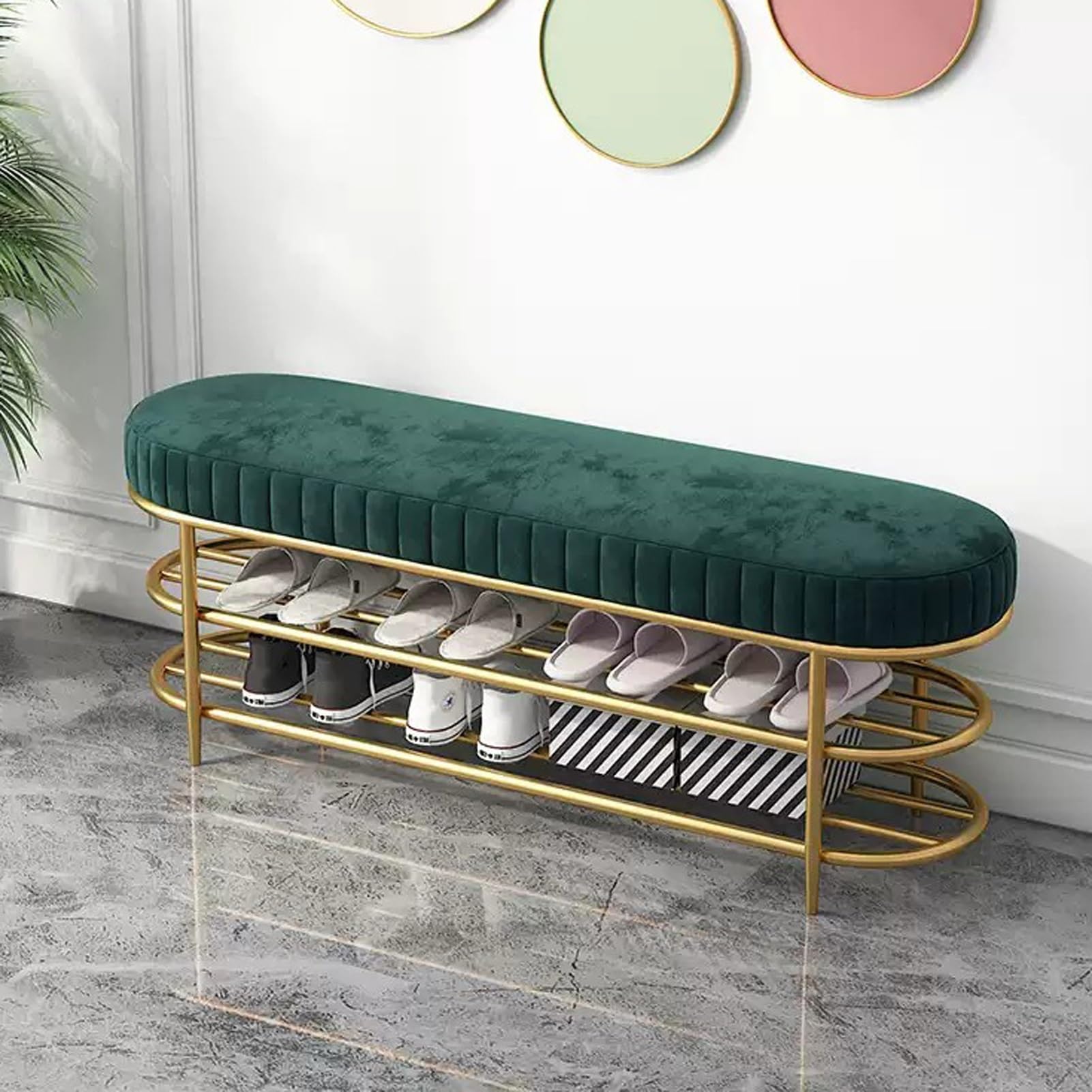 WJFTODAY Stylish Green Velvet Shoe Storage Bench 3 Tier Entryway Rack with Upholstered Seating for Hallway (80x32x45cm) Perfect for Shoes & Entryway Decor