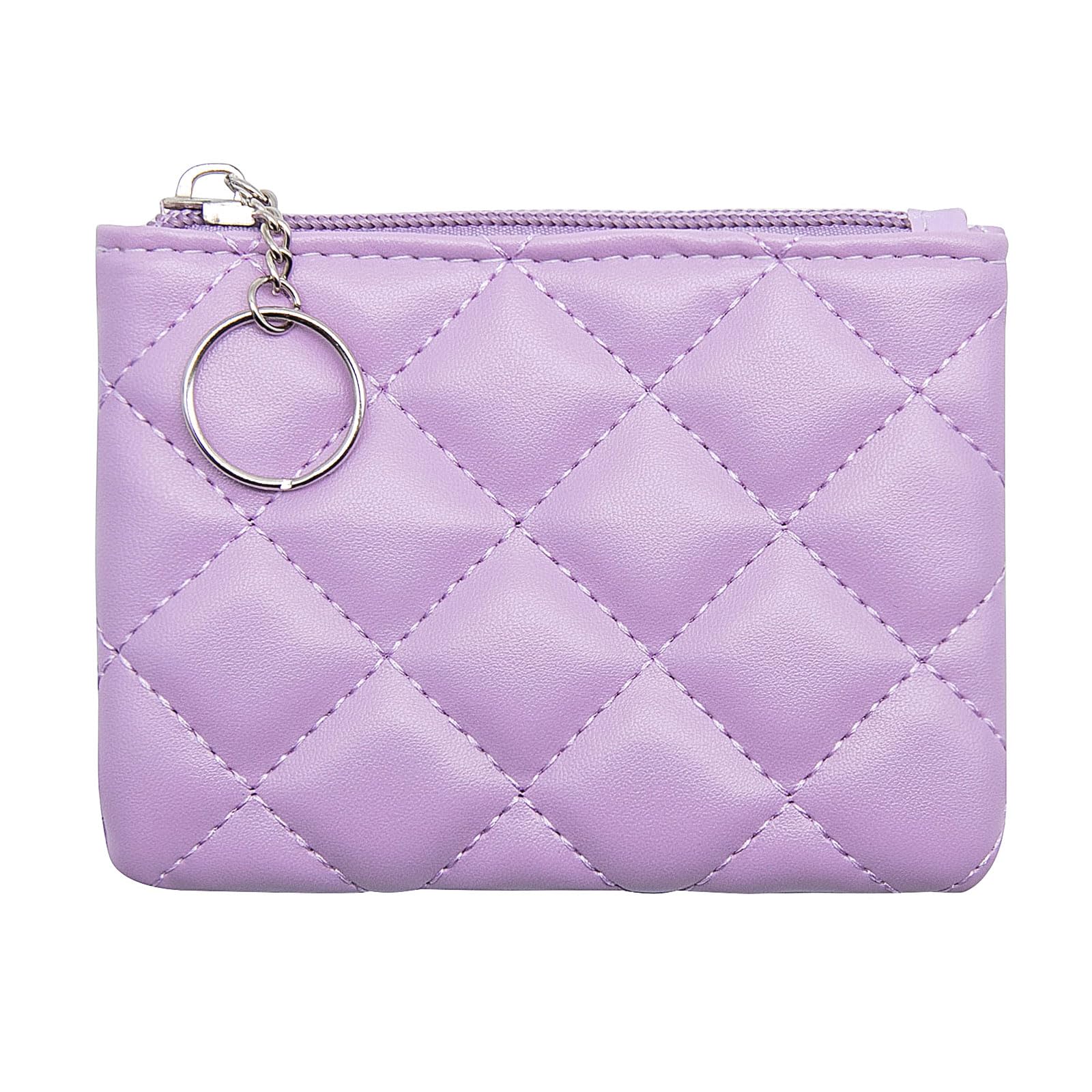 LJCZKA Coin Purse for Women Quilted Leather Mini Pouch Card Holder Top Zipper Coin Wallet Makeup Bag with Keychain (Purple)