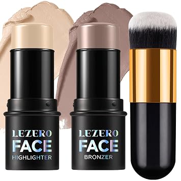 2Pcs Contour Stick with Brush Set, Highlighter and Bronzer Face Stick for Face Shaping, Long Lasting Waterproof Silky Cream Contouring Stick for Sculpt the Face, Non-Greasy Formula #17#23, Brush