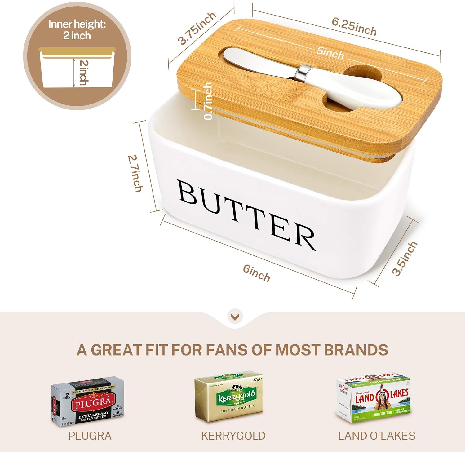 X-Chef Butter Dish with Lid, Ceramic Butter Keeper with Butter Knife, Large Butter Storage Container for Refrigerator Countertop, Hold 2 Standard Butter Sticks, 17oz/500ml, White