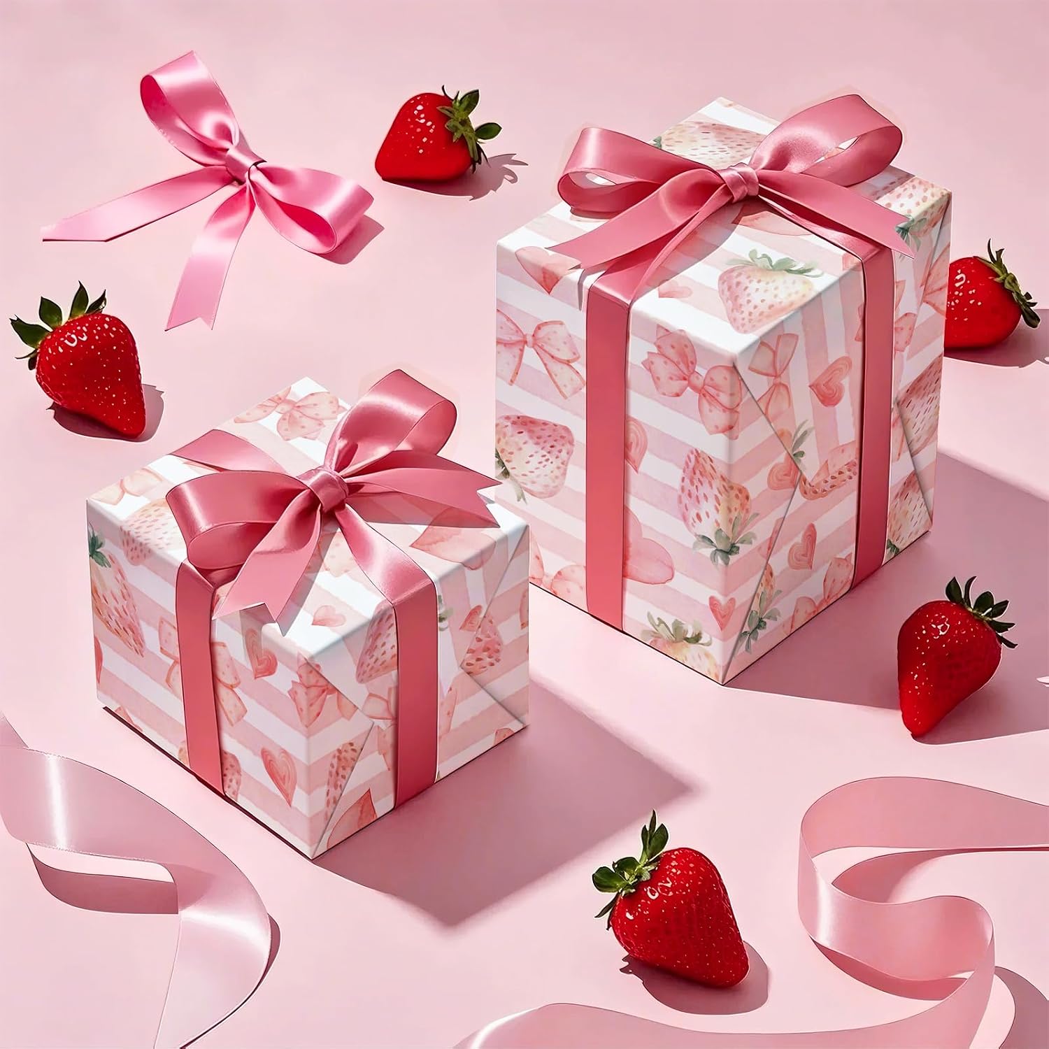 WRAPAHOLIC Strawberry Wrapping Paper Roll - Mini Roll - 17 Inch x 16.5 Feet - Pink Love Heart Strawberry Bow Wrapping Paper for Women Girls Birthday, Baby Shower, Wedding, Bridal Shower image 5