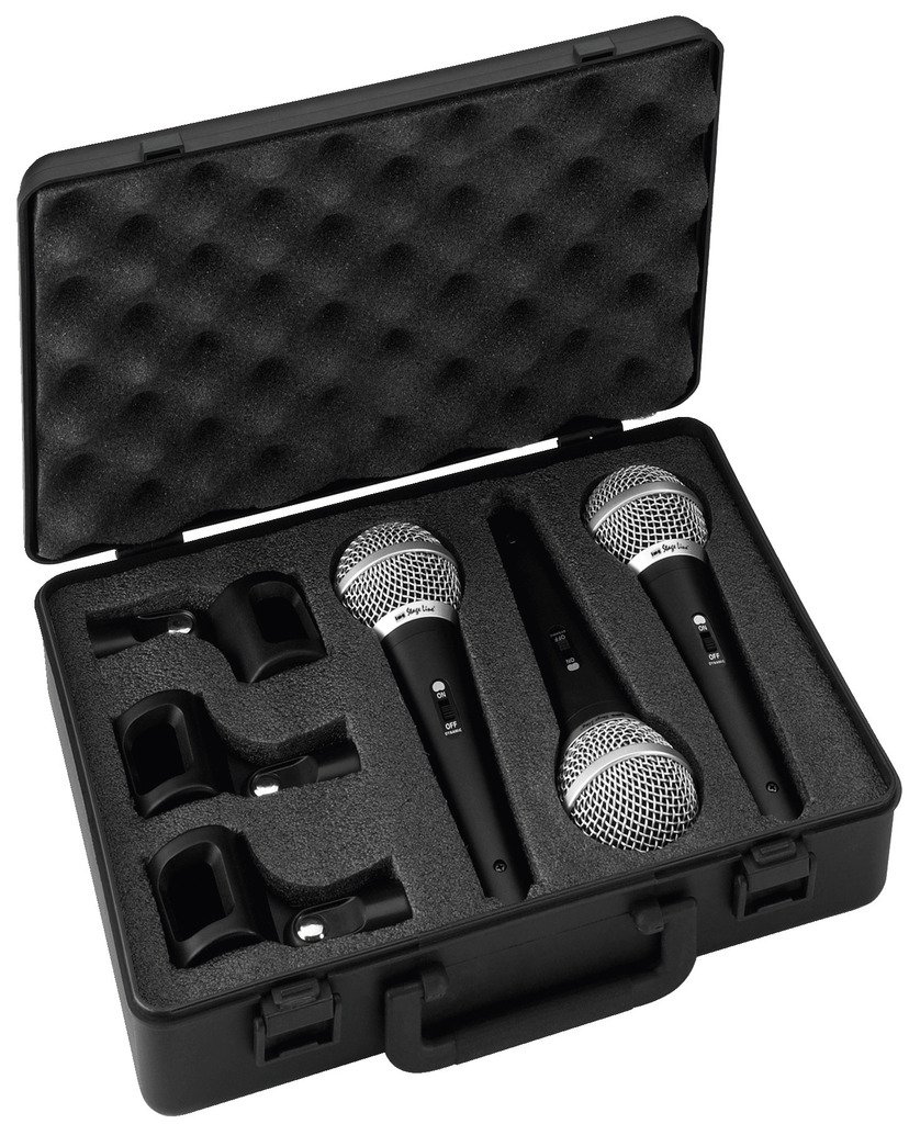 IMG 234020 STAGELINE DM-3S dynamische Mikrofone speziell für Gesangs-Stimmen, 3er-Set Sprach-Verstärker mit Nieren-Charakteristik inkl. Hartschalen-Koffer und 3 x Stativ-Klemmen, in Schwarz