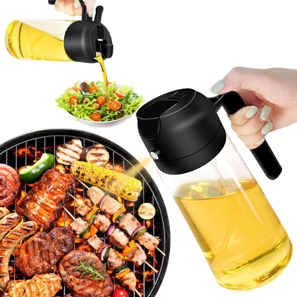 2 in 1 Oil Sprayer Dispenser, 2025 New Oil Sprayer for Kitchen Cooking, 470ml Oil Spray Bottle for Home