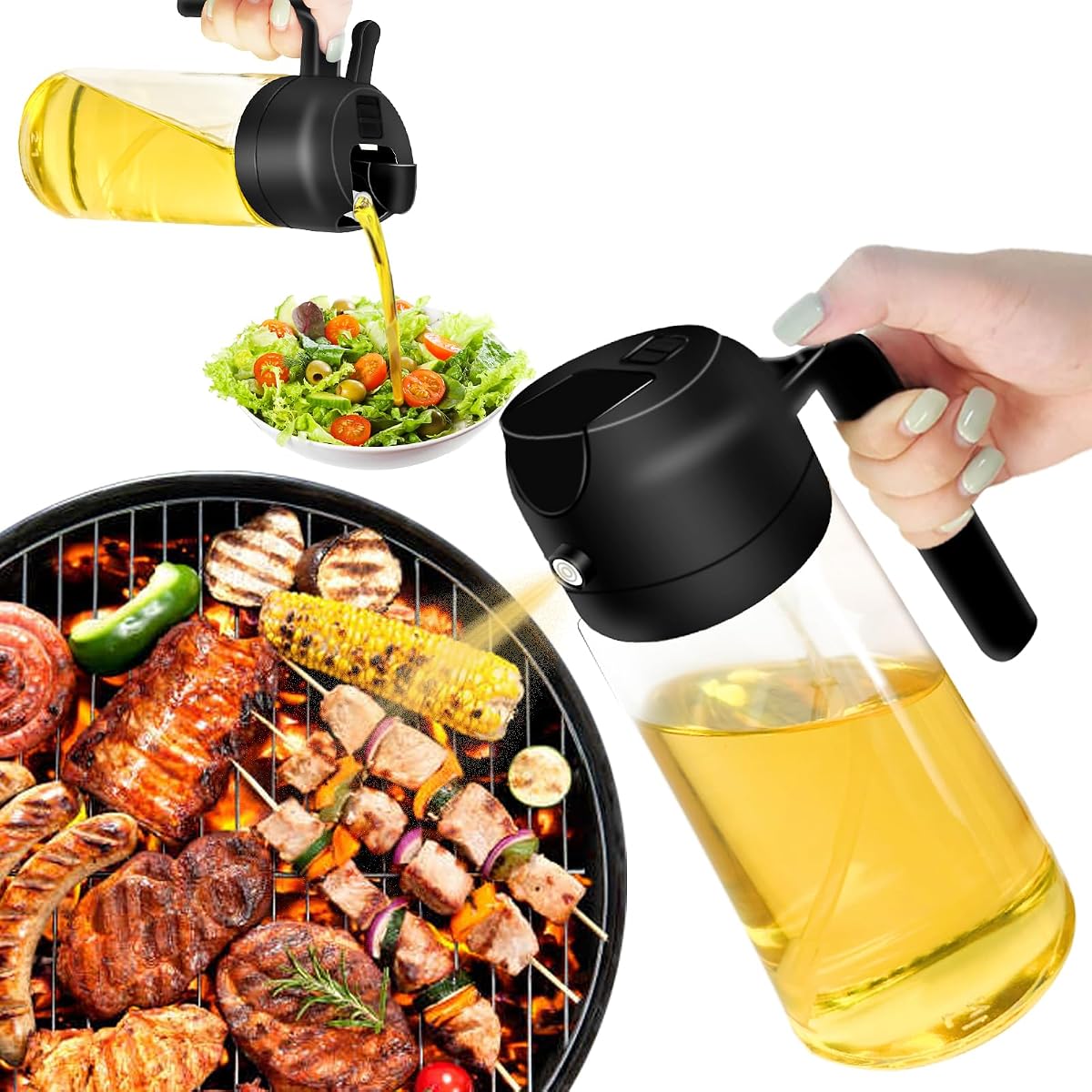 2 in 1 Oil Sprayer Dispenser, 2025 New Oil Sprayer for Kitchen Cooking, 470ml Oil Spray Bottle for Home