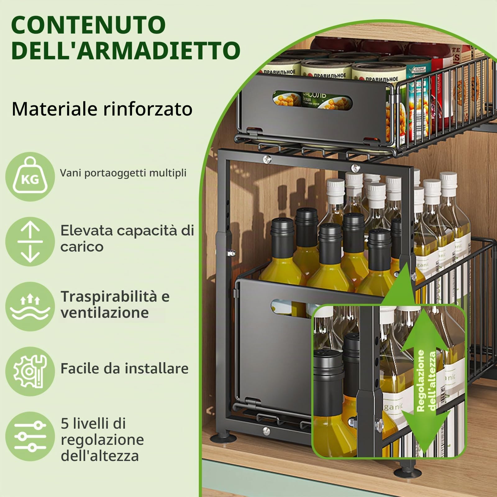 Armadio portaoggetti da cucina a doppio strato in metallo | Cassetto telescopico estraibile, cassetto estraibile da cucina, in metallo, Per mobili da cucina, 37,5 x 29 x 41-49 cm
