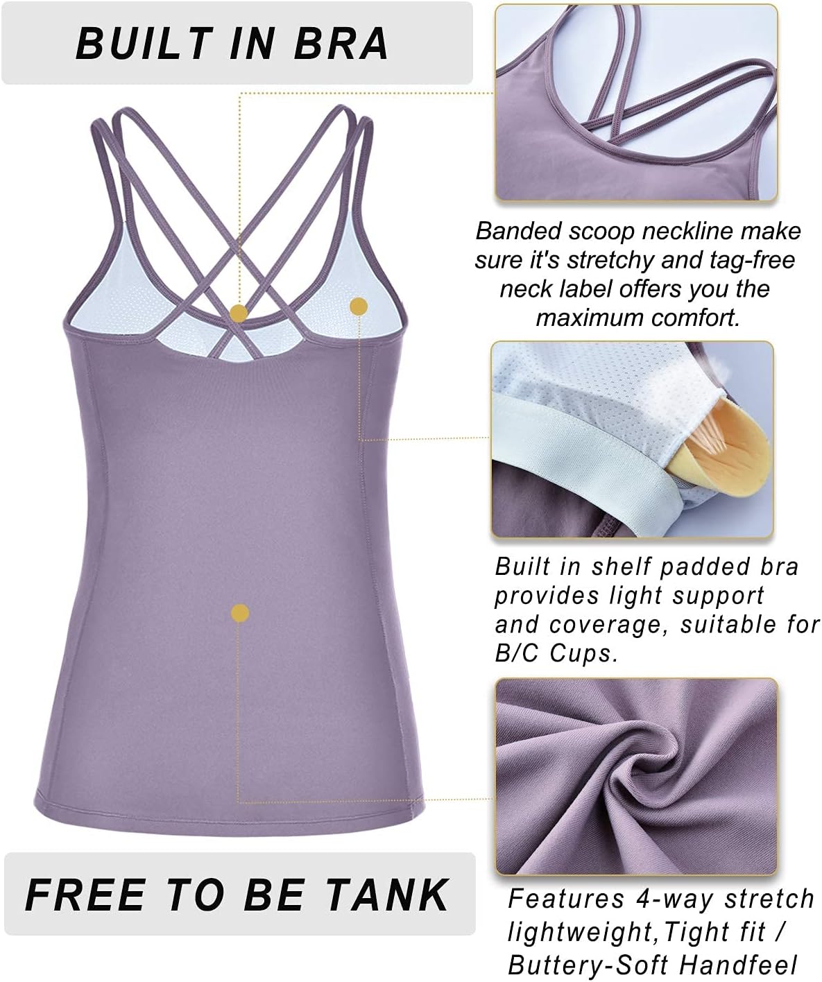 RUNNING GIRL Yoga Tank Tops for Women Built in Shelf Bra B/C Cups Strappy Back Activewear Workout Compression Tops - Image 6