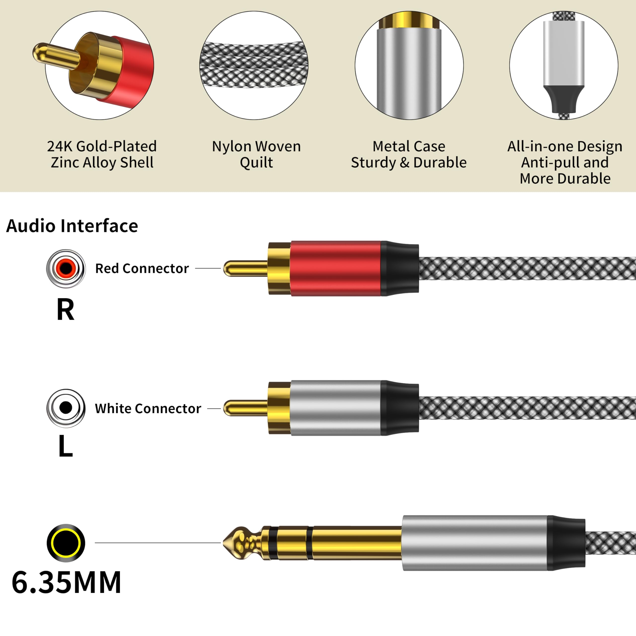 Cavo da RCA a 1/4 da 4 m, cavo splitter da 1/4 TRS a RCA Y, cavo audio da 1/4 a doppio RCA