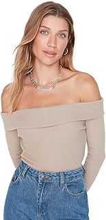 Blusa de Punto con Cuello Carmen estándar Ajustado para Mujer