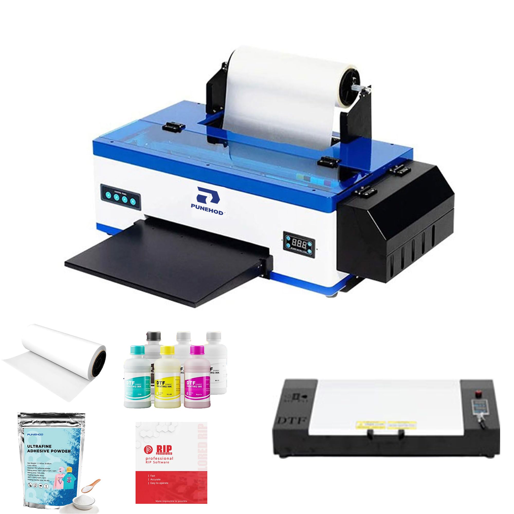 PUNEHOD A3 DTF Printer, R1390 Direct to Film Machine, White Ink Circulation System, Roller and Sheets Feeder, Compatible with Multiple Materials, Custom Clothing Printing (13