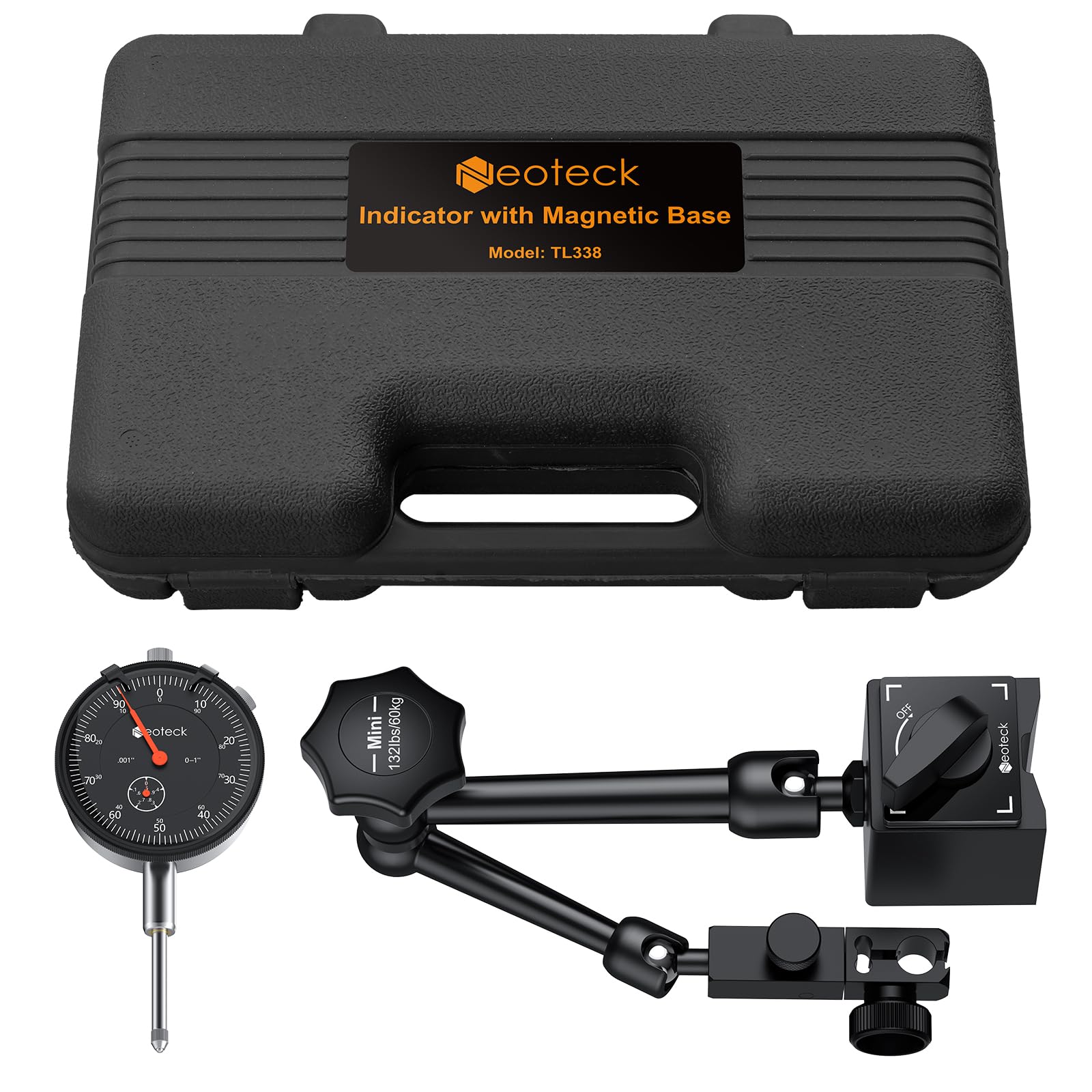 Comparatore a quadrante 0-1in/0.001in con base IC da 132lbs/60kg, set di comparatori a quadrante imperiali con custodia per tornio, stampante 3D, CNC, settore automobilistico, laboratorio - Nero