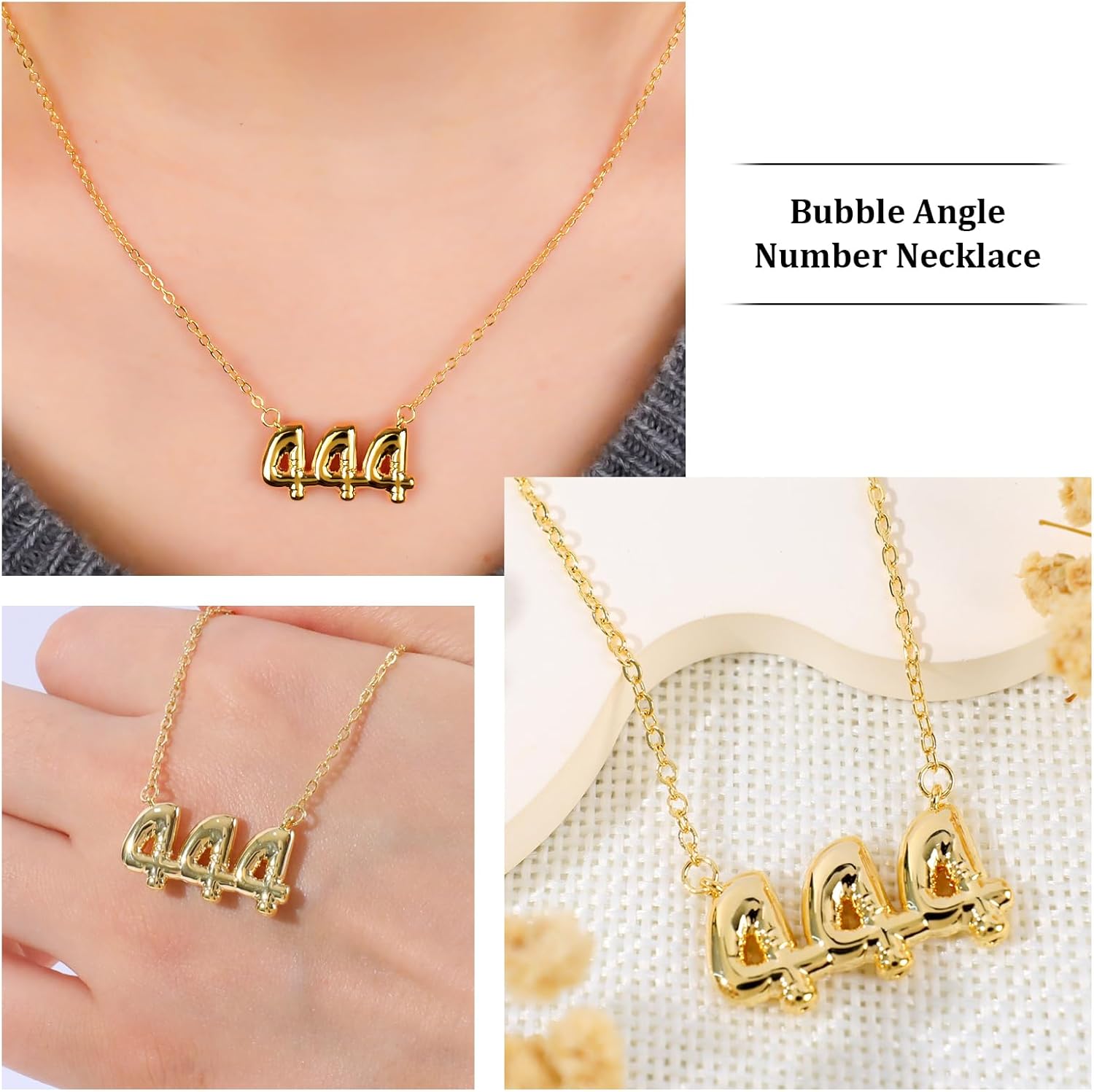 NEKOL Bubble Angle Number Necklace 444 for Women, 18K Gold Plated Lucky Number Pendant Numerology Jewelry Friendship Birthday Gift Valentine's Day - Image 3