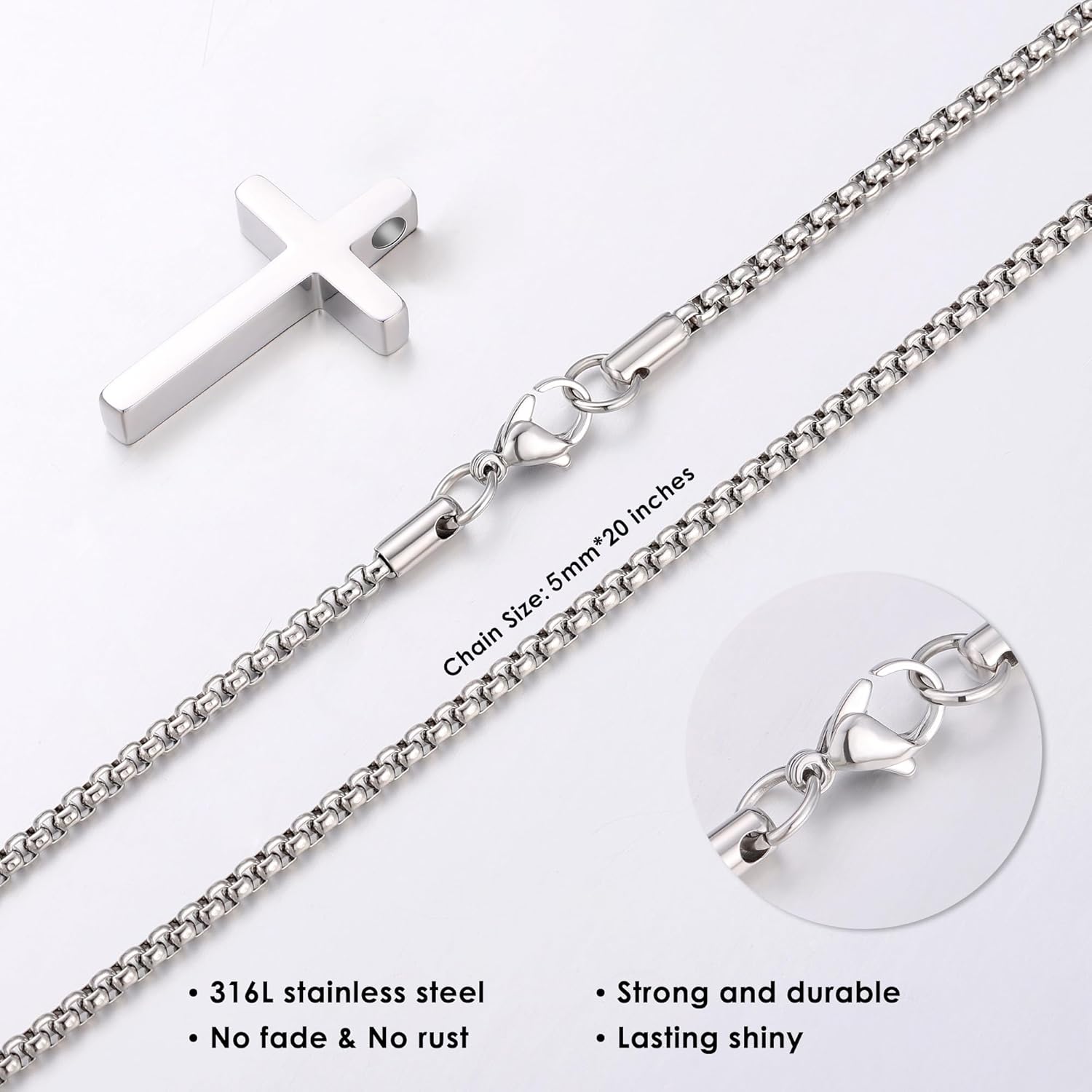 IEFLIFE Valentines Gifts for Him Men - Silver Box Chain Stainless Steel Cross Necklace, Valentines Gifts for Grandson Husband, Mens Teens Valentine Gift Cross Necklace Jewelry - Image 4
