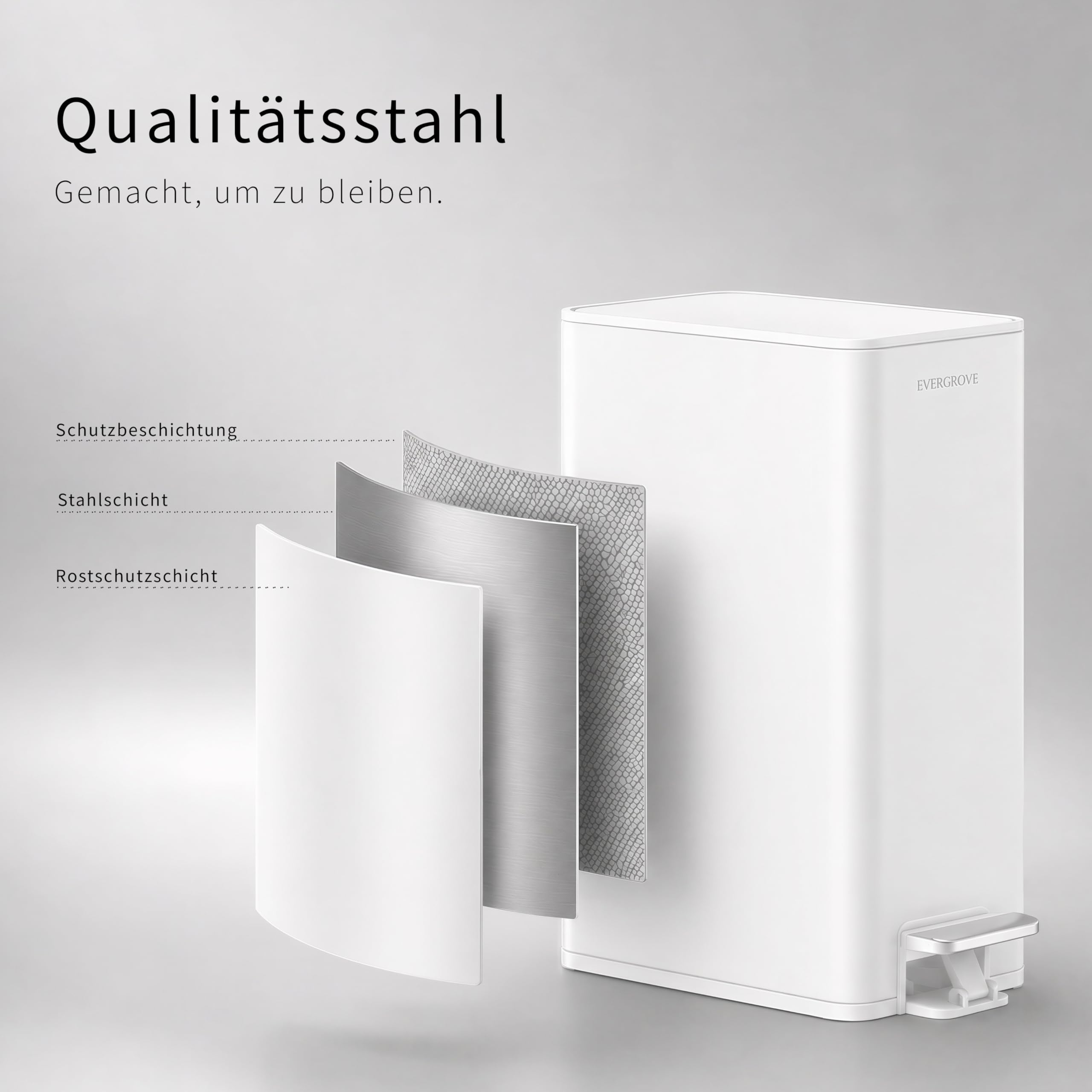 EverGrove 10 L Edelstahl-Treteimer, 14 cm breit, fürs Bad, Arctic White