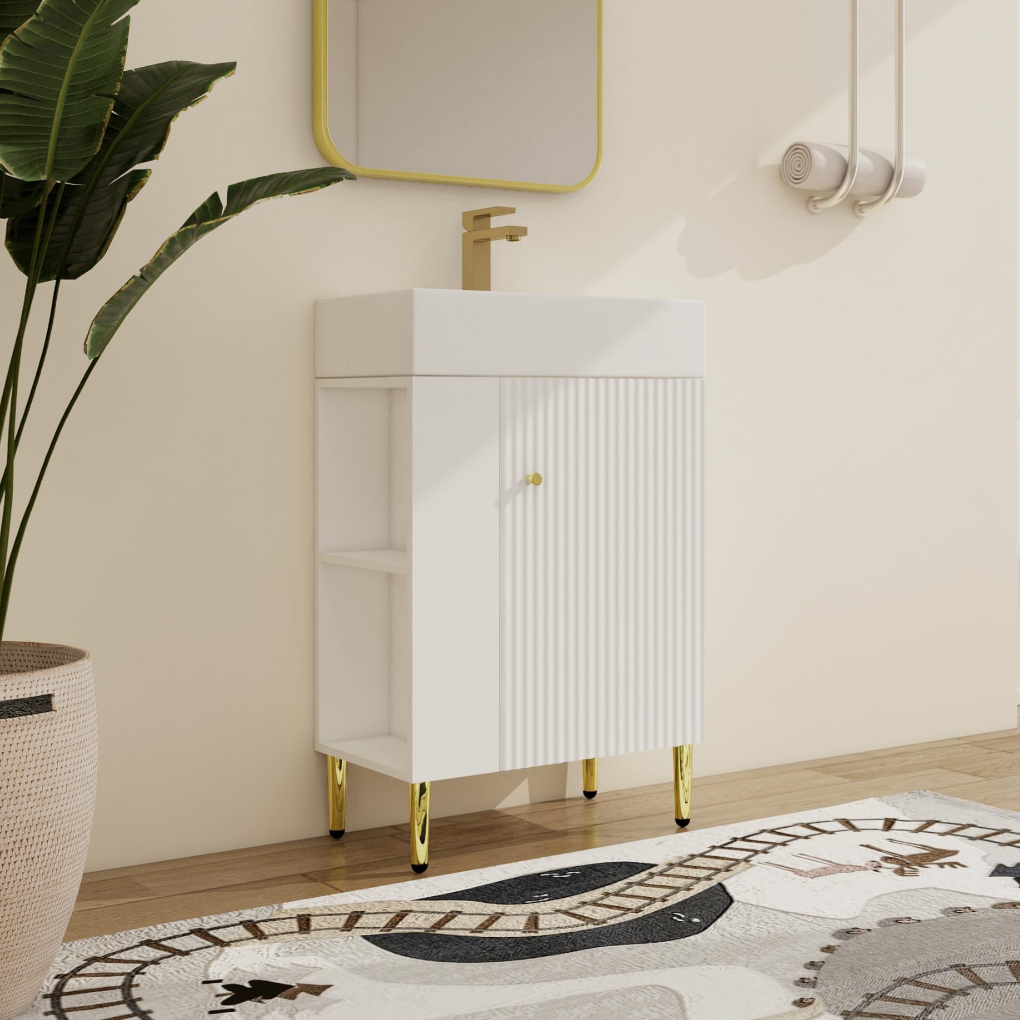 MalweeMalwee 22 Inch Freestanding Bathroom Vanity with Sink, 22'' Floor Standing Bathroom Vanity, Modern Vanity with 1 Door and White Ceramic Sink Top