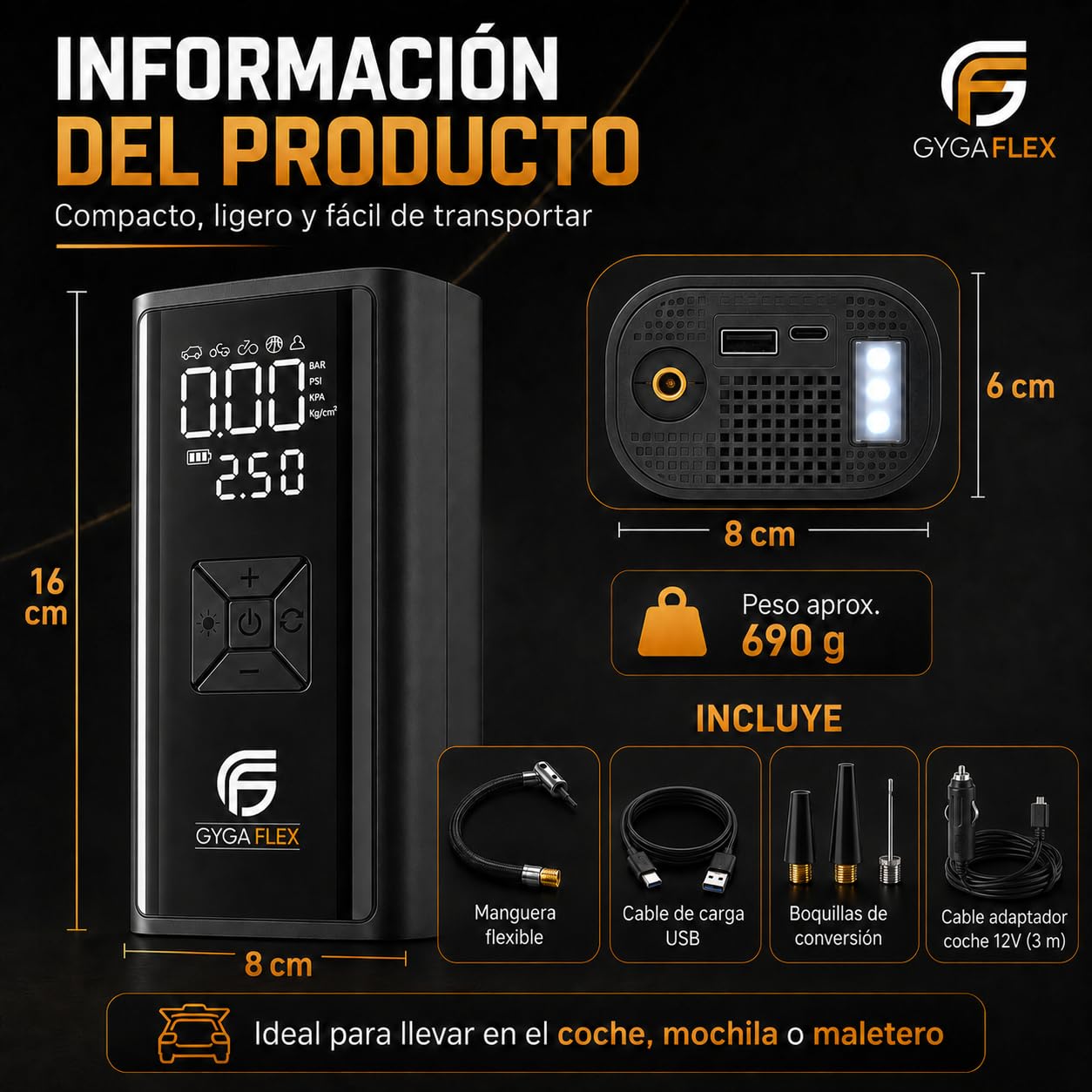Inflador Ruedas Coche 30L/Min, Compresor Aire Portátil 150 PSI/10,3 Bar, Batería Recargable y Cable 12V 3M, Manómetro Digital, Apagado Automático, LED SOS, para Coche Moto Bicicleta Pelotas