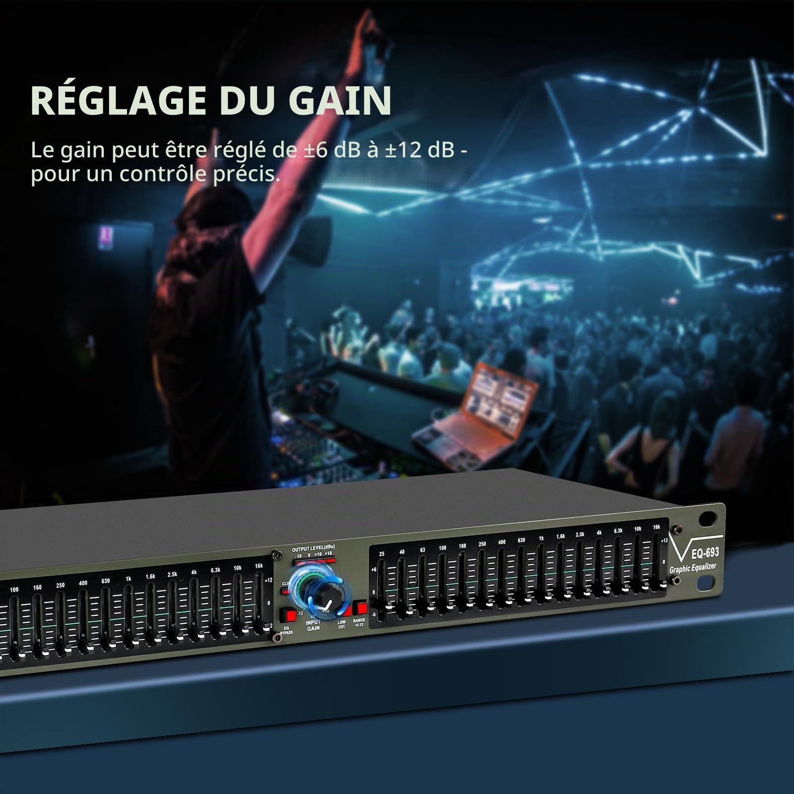 égaliseur graphique stéréo à 15 bandes, égaliseur 2 canaux professionnel pour DJ avec suppression du bruit pour home cinéma, fête, scène et studio (montable en rack) EQ-693