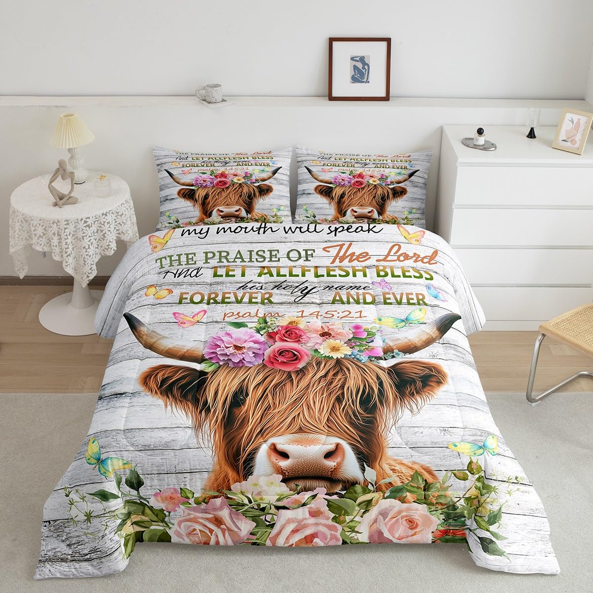Feelyou Highland Cow Comforter Set Rose Highland Cattle Bedding Set for Kids Boys Girls Bull Cattle Comforter Botanical Floral Quilt Set 1 Comforter Set with 2 Pillowcases Queen Size