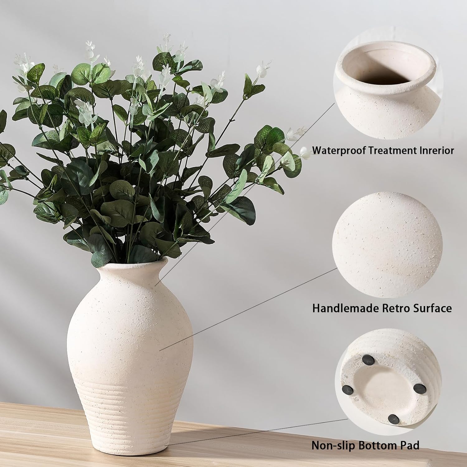 LUKA Ceramic Rustic Farmhouse Vase, 9.2 inch Whitewashed Terracotta Vase, Pottery Decorative Vases,Clay Decorative Vases for Home Decor, Table, Living Room, Shelf, Mantel Decoration(Off-White) - Image 4