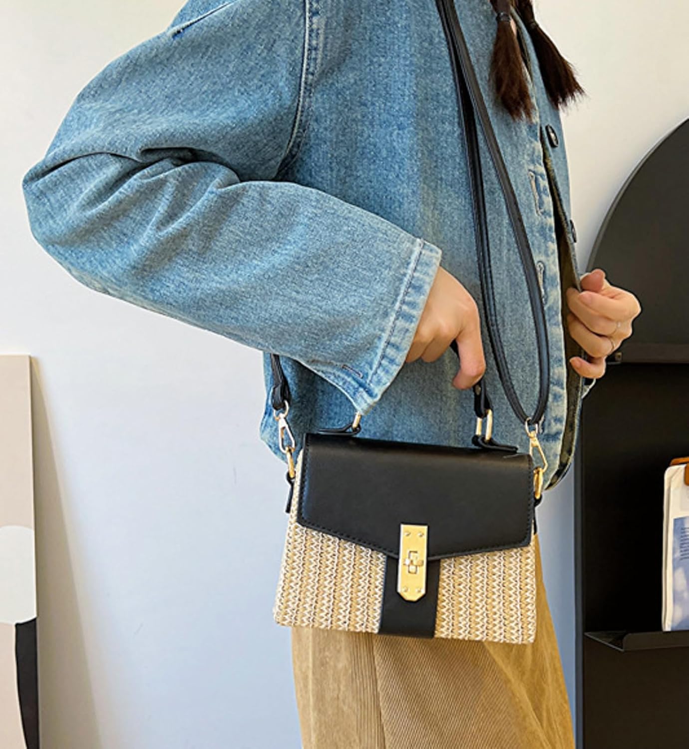Summer Woven Straw Crossbody Bag Women Color Block Flap Box Purse Lock Closure Mini Satchel