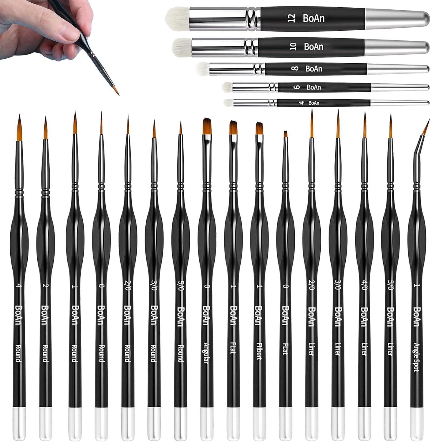 BoAn 21 Pcs Micro Paint Brushes Set,Miniature Brushes with Triangular Handles,for Acrylics,Oils,Watercolors & Paint by Number for Figurine,Craft, Models,Nail Art, Face Painting and Paint 40k (Black)