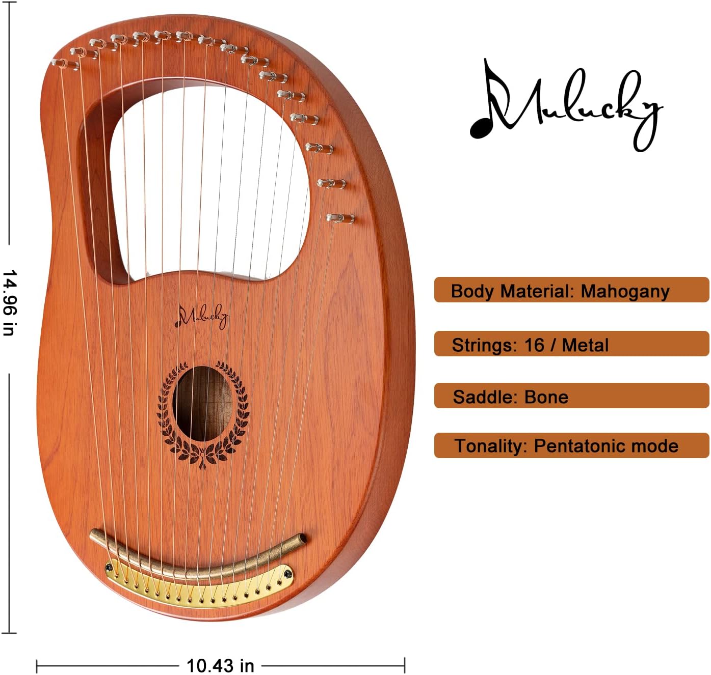 Lyre Harp Mulucky 16 Metal Steel String Bone Saddle Mahogany Lyre Instrument with Tuning Wrench and Black Gig Bag - MLH1601