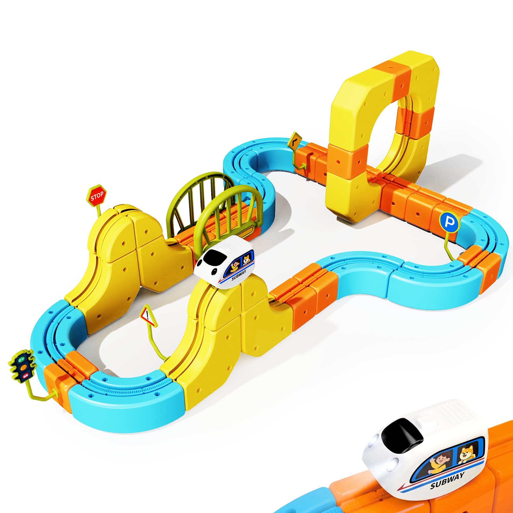 Bluocean Electric Train Set 127PCS Upgrade 3D STEM Track Toy | Upgrade set features snap-fit non-magnetic rail cubes. DIY 3D anti-gravity track, STEM toy for boys and girls ages 3+
