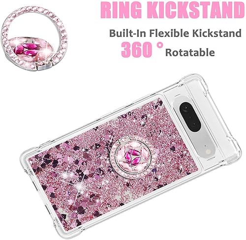 Miniatura 2 de Asuwish Funda de teléfono para Google Pixel 7A 5G 2023 con protector de pantalla y soporte para anillo, purpurina líquida brillante, transparente,