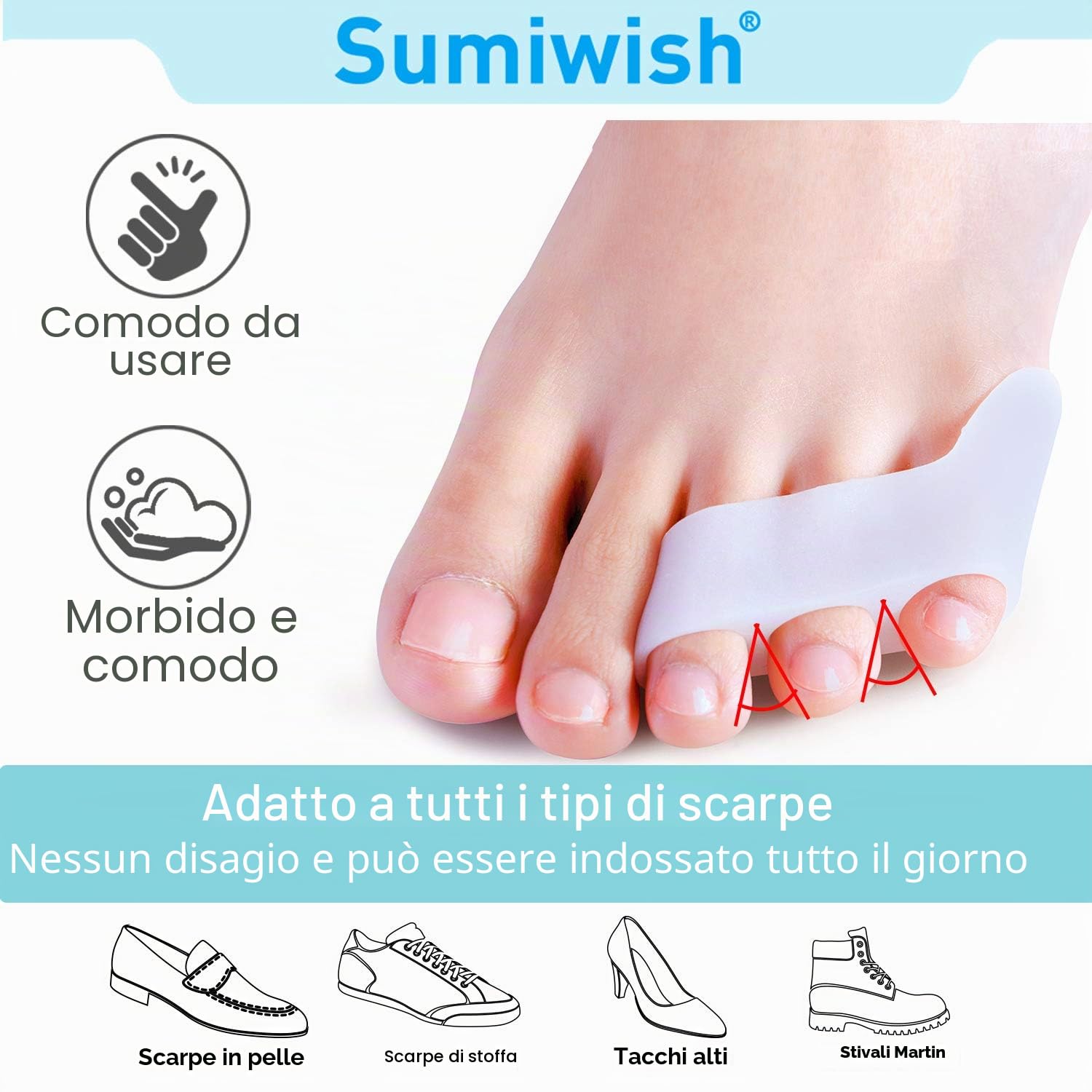 Sumiwish - Separatore per il mignolo, irrobustente a gel per dita del piede, cuscinetti per alluce valgo – 5 paia