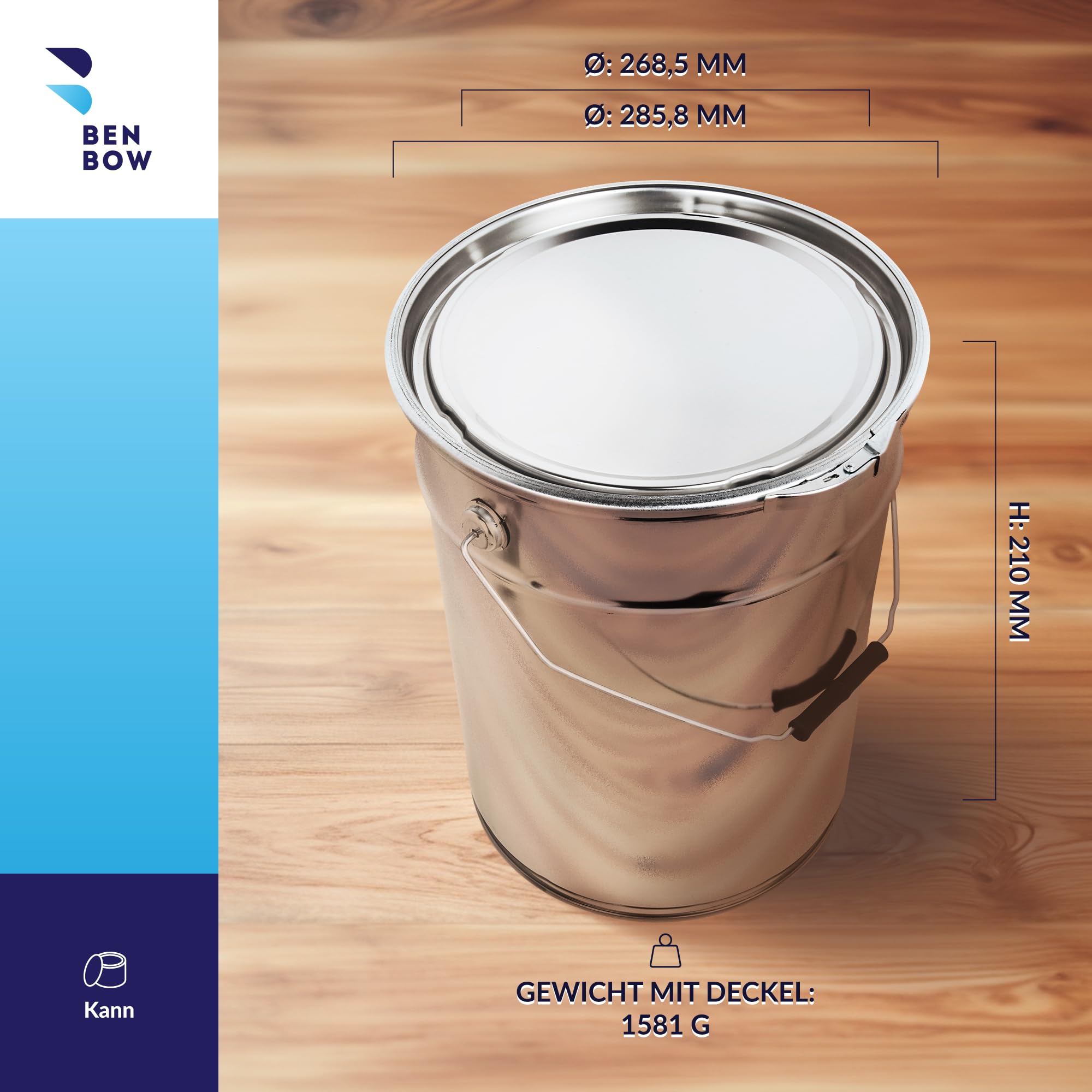 BenBow Secchio di latta 4 x 20 l, con coperchio e anello di serraggio, ermetico, opaco, vuoto, rotondo, contenitore con manico in metallo