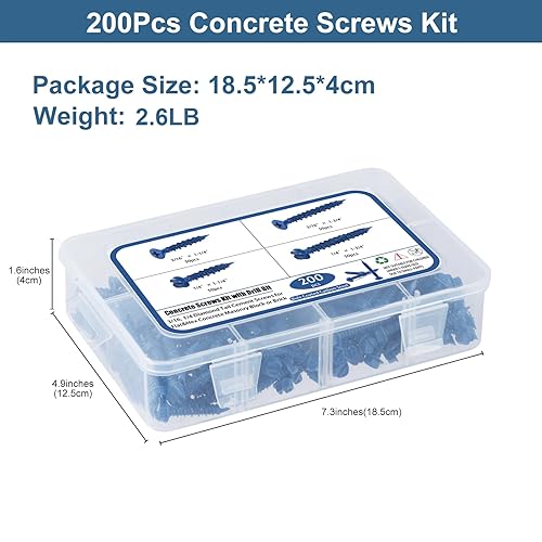 Miniatura 6 de Tornillos de hormigón con broca, 200 tornillos de hormigón 14 316, kit surtido de tornillos y anclajes de ladrillo, cabeza plana y hexagonal, bloque
