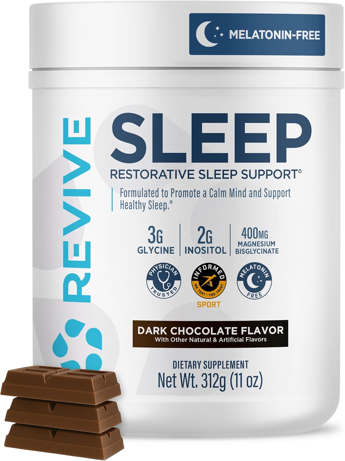 Revive MD Melatonin-Free Sleep Support Supplement for Adults, Dark Chocolate - Natural Sleep Aid Supplements with Magnesium (Glycinate), Inositol & L-Theanine for Deep Relaxation (30 Servings)