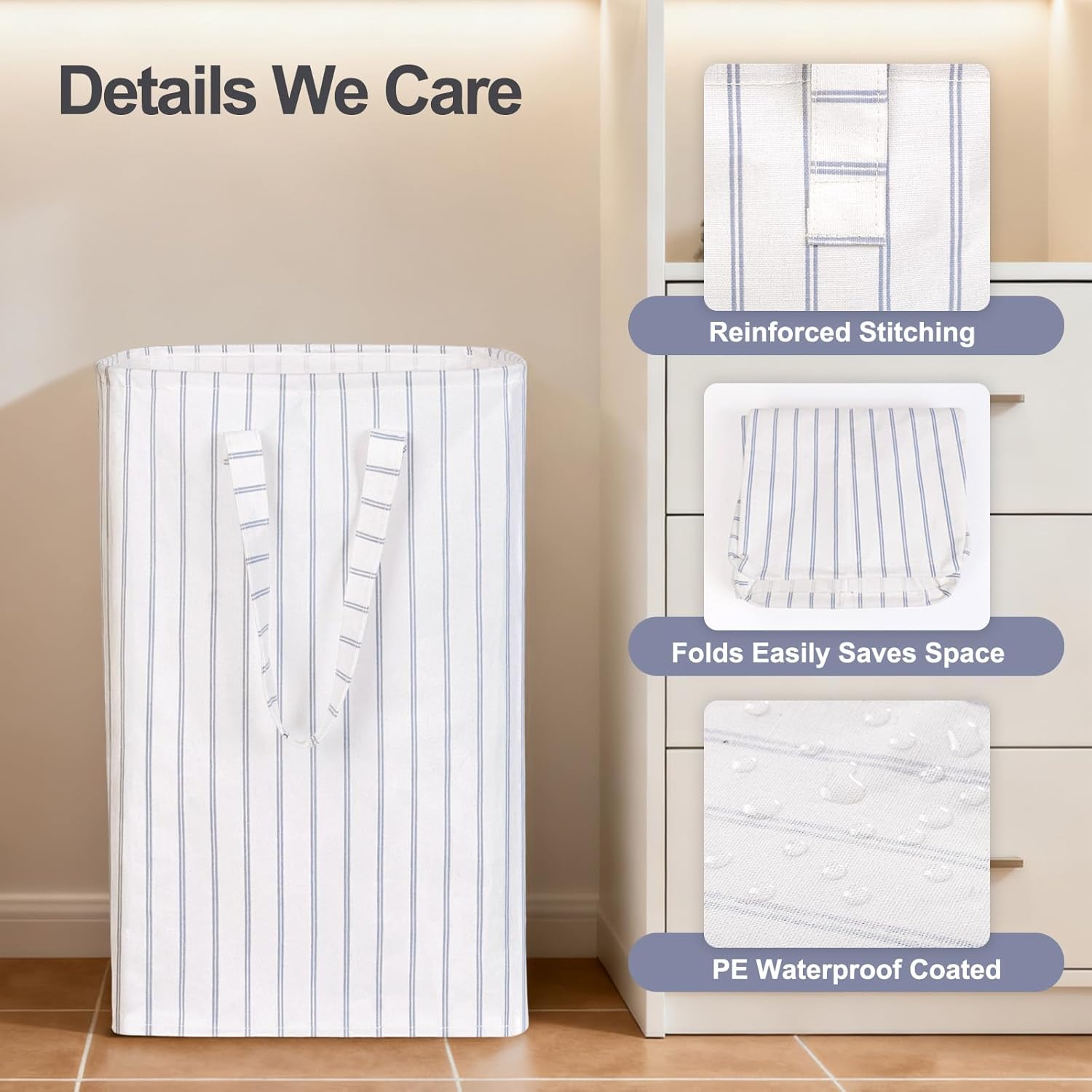 Laundry Hamper Collapsible Laundry Baskets, Freestanding Waterproof Clothes Hamper with Reinforced Handles in Laundry Room Bedroom Bathroom College Dorm for Adults, Blue 11.8"×15.7"×23.6"