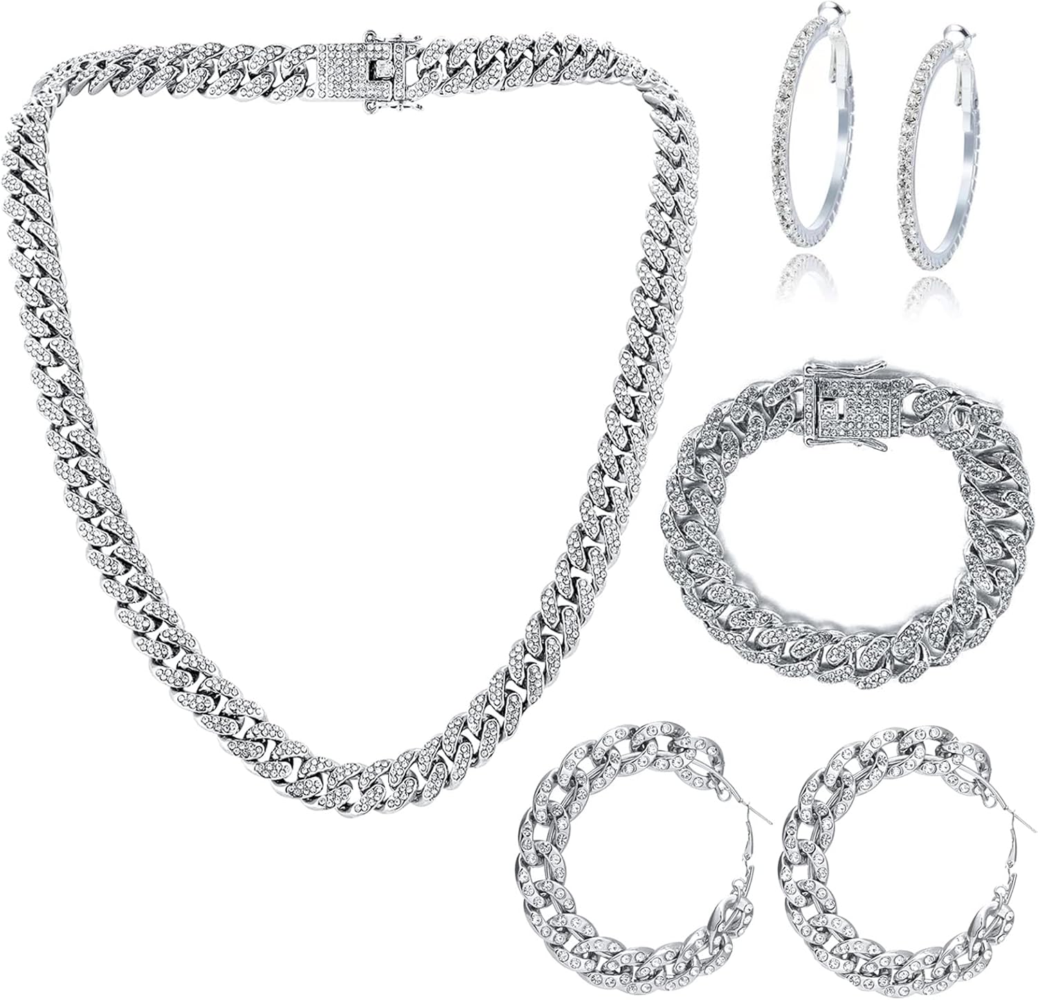 4 Pieces Cuban Link Chain Necklace Bracelet Cuban Rhinestone Hoop Earrings Set Bling Rhinestone Necklace Bracelet crysta large hoops earrings for women