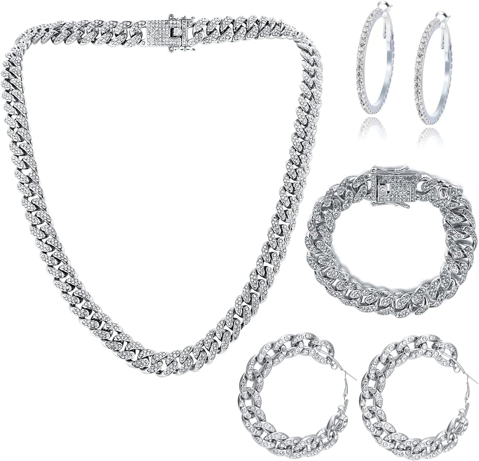 MOKTREGD4 Pieces Cuban Link Chain Necklace Bracelet Cuban Rhinestone Hoop Earrings Set Bling Rhinestone Necklace Bracelet crysta large hoops earrings for women