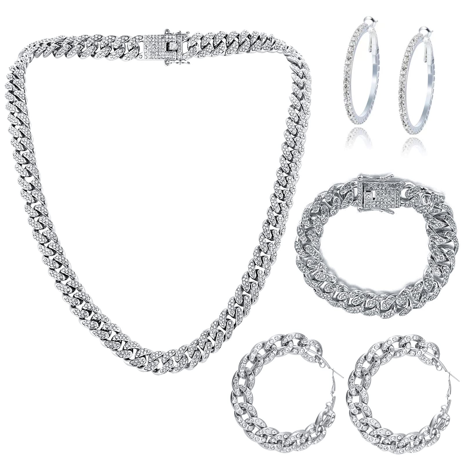 MOKTREGD4 Pieces Cuban Link Chain Necklace Bracelet Cuban Rhinestone Hoop Earrings Set Bling Rhinestone Necklace Bracelet crysta large hoops earrings for women