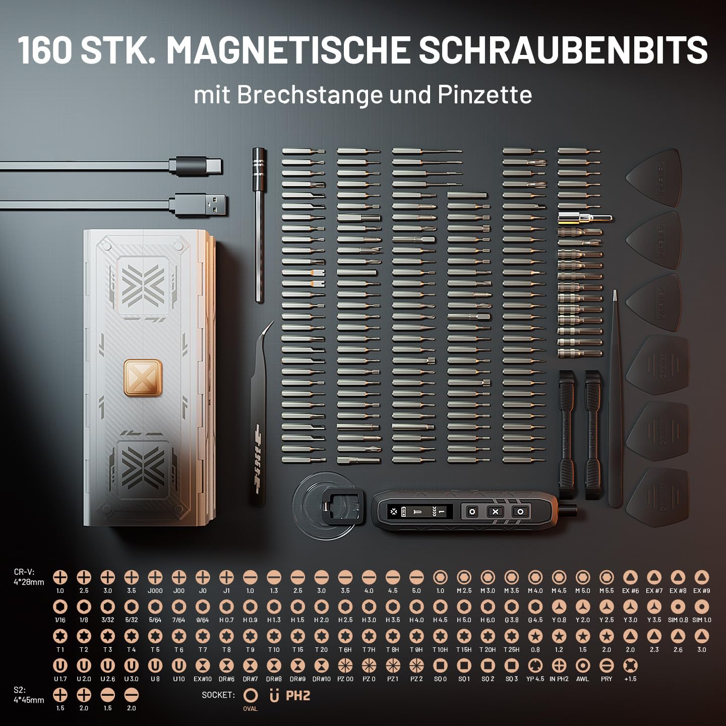 EZARC Elektrischer Schraubendreher, 181-In-1 Schraubendreher Elektrisch Set 3 Gänge Drehmoment, 162 Magnetische CR-V Bits, Mini Electric Screwdriver Wiederaufladbar für Handy, Uhr, Laptop