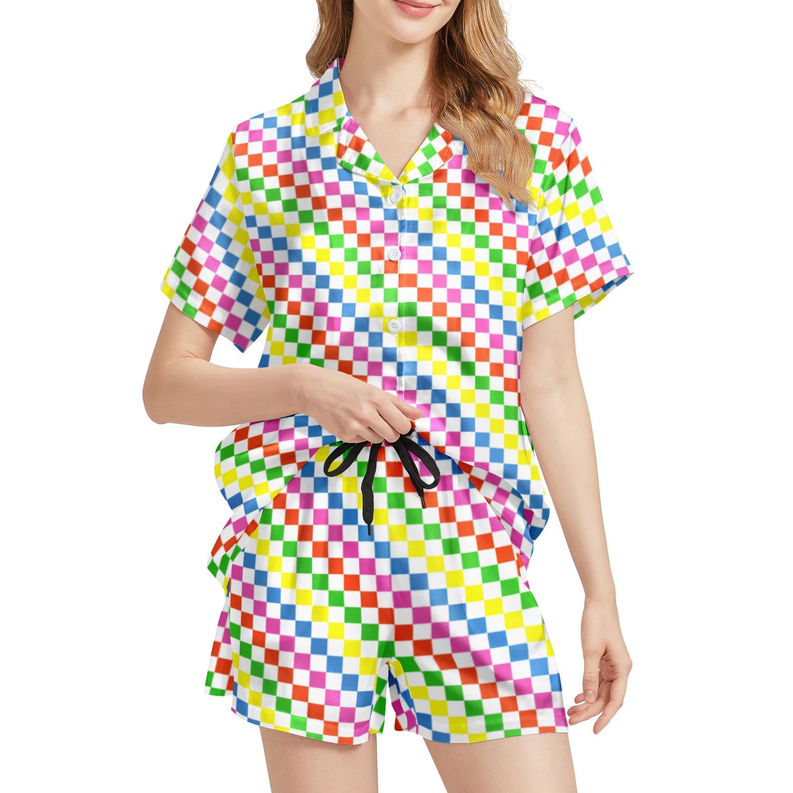 Funny Pajamas for Women Set Print Satin Loungewear Pjs Short Sleeve Button Down Top and Shorts Sets Sleepwear XS-3XL