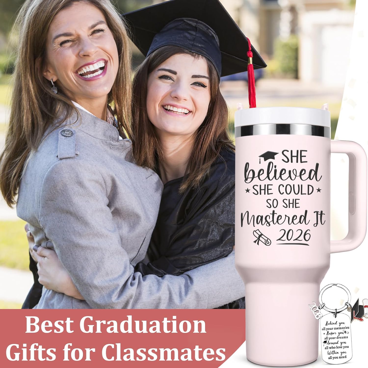Lifecapido Graduation Gifts for Her, She Believed She Could So She Mastered It 2026 40oz Tumbler with Key Chain, College Masters Degree Graduation Gifts for Graduates Friends Classmates, Rose Quartz