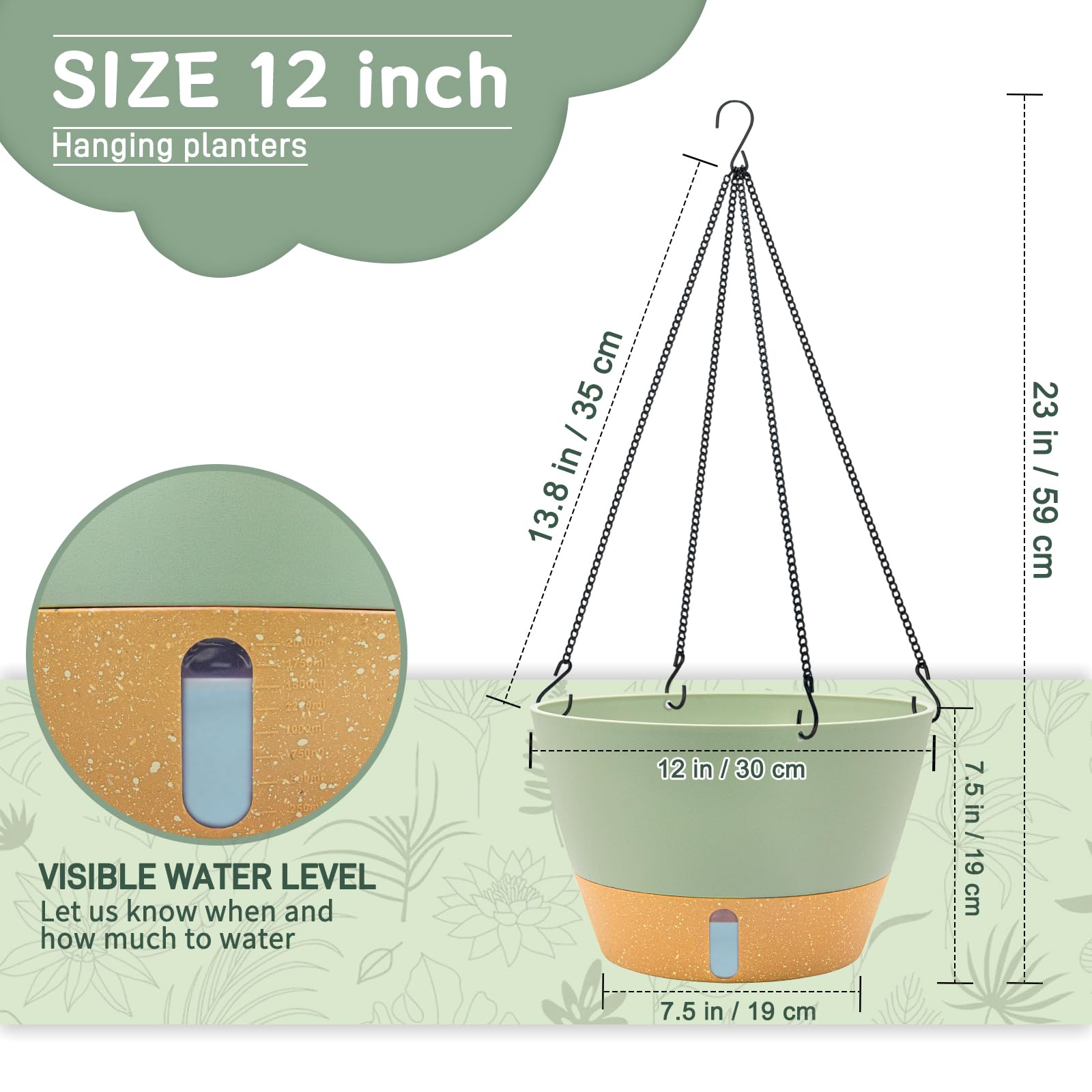 ZMTECH 30cm Selbstbewässernder Pflanztopf Hängend, 2er-Set, Blumentopf mit Untersetzer, Wasserstand-Fenster & Drainagelöchern für Innen- und Draussen, Grün