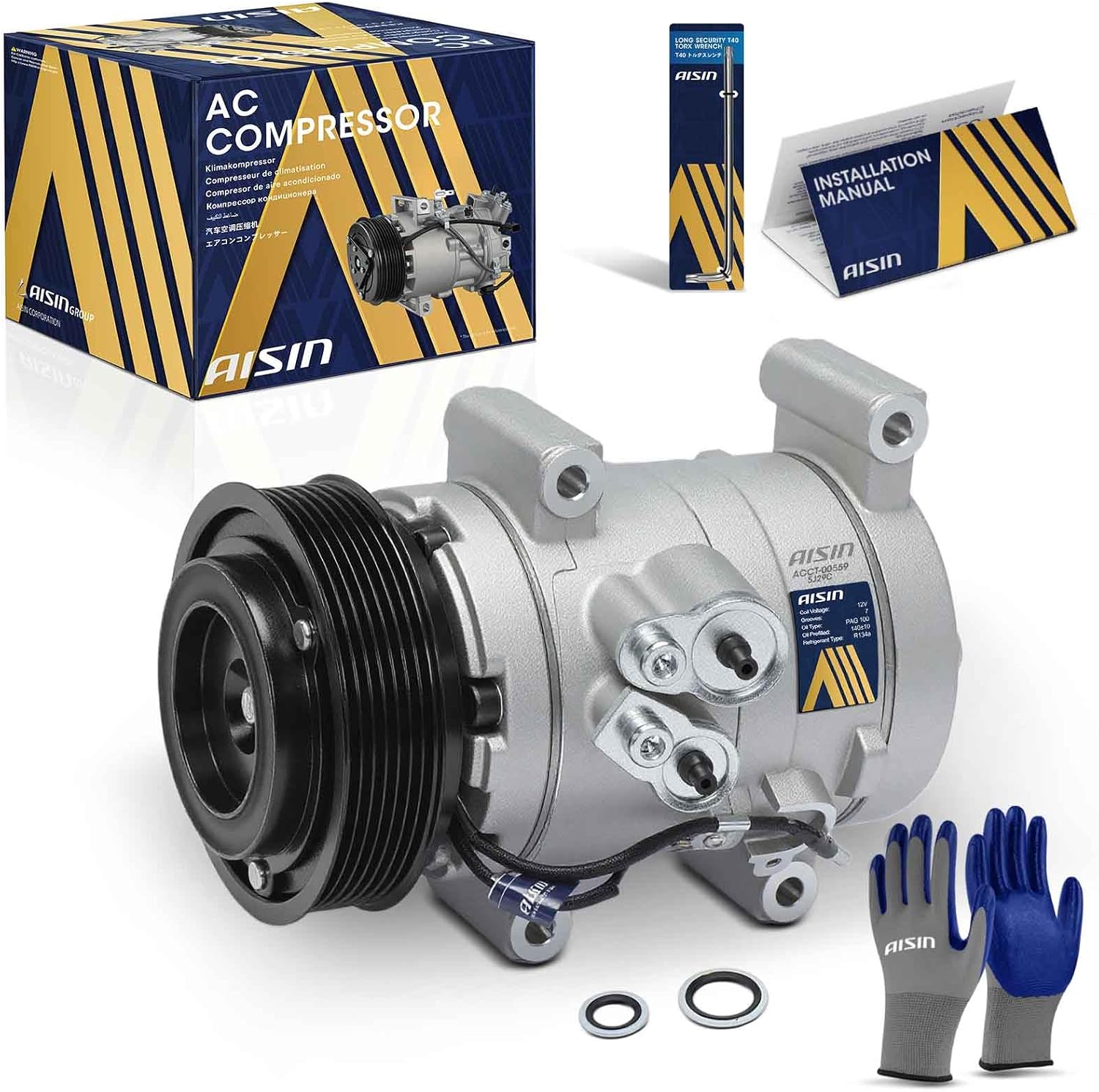 AISIN AC Compressor ACCT-00559 for Toyota Tacoma (2005–2015) with 7-Groove Pulley and Clutch