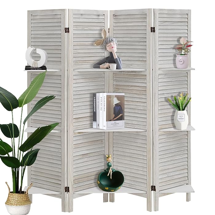 Buy Room Divider 4 Panel, White Room Divider with Shelves, Wall