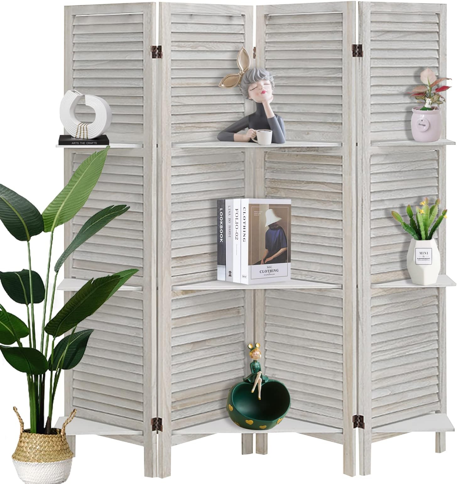 ECOMEX Room Divider 4 Panel, White with Shelves, Wall Dividers and Folding Privacy Screens, Portable Room partitions for Bedroom, Home Office, Studio (White)