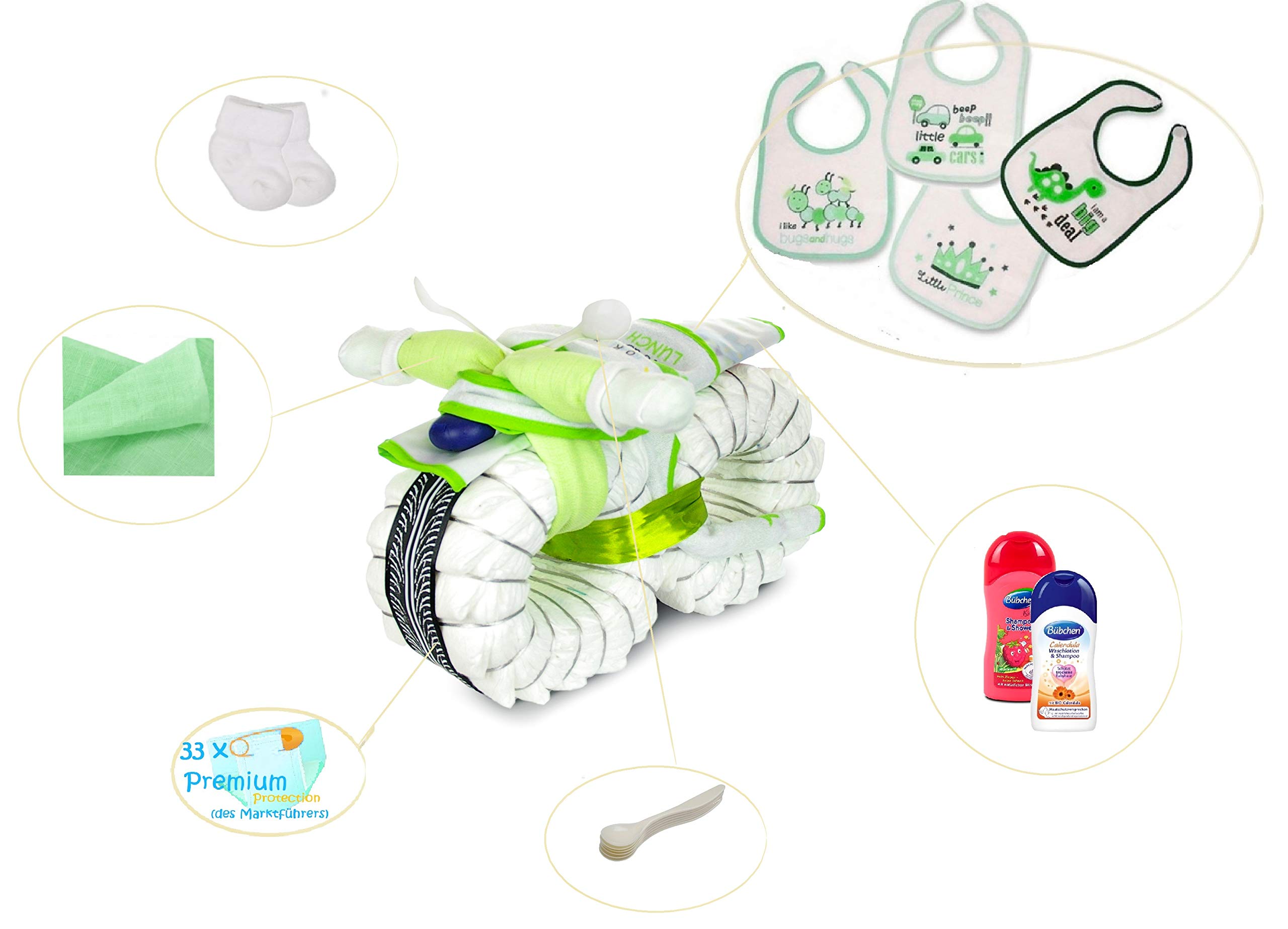 Windeltorte Motorrad grün ROCKSTAR mit Fahrer ESEL | 45-teilig - Geschenk zur Geburt neutral | Windelmotorrad 45 cm